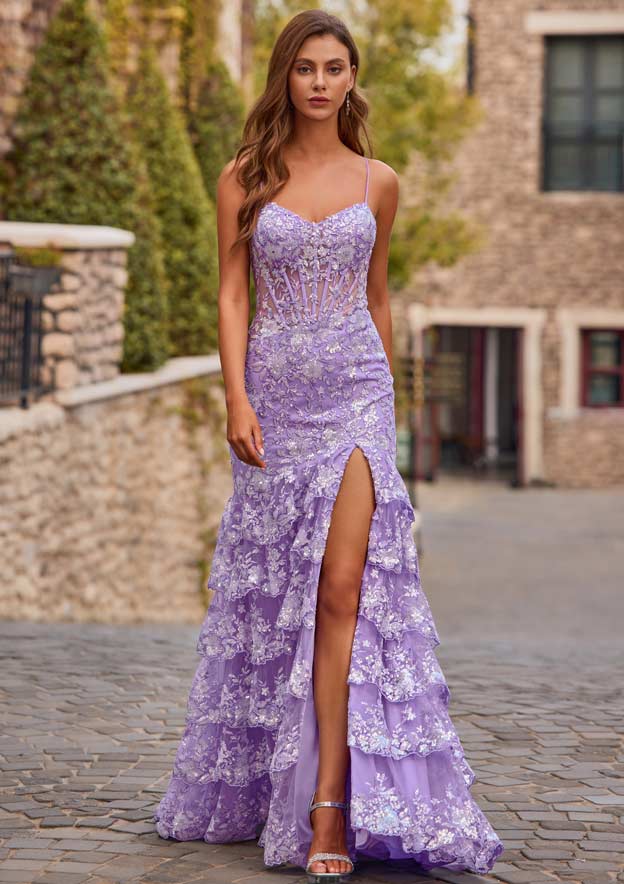 Fit and Flare Sequined Illusion Corset Tiered Ruffle Prom Dress with Slit
