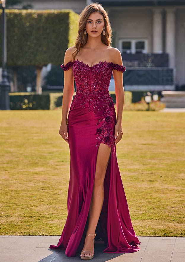 Mermaid Applique Off-the-Shoulder Floral Corset Tight Slit Prom Dress 