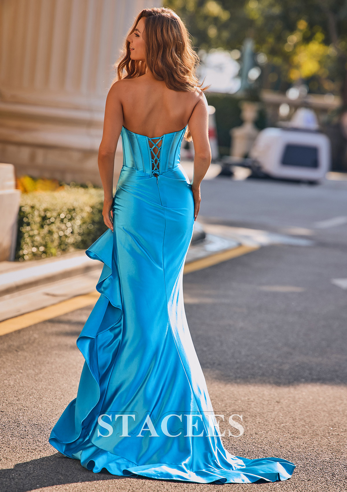Bleu Trumpette/Sirène col bénitier soie comme du satin traîne balayage robe de bal - STACEES