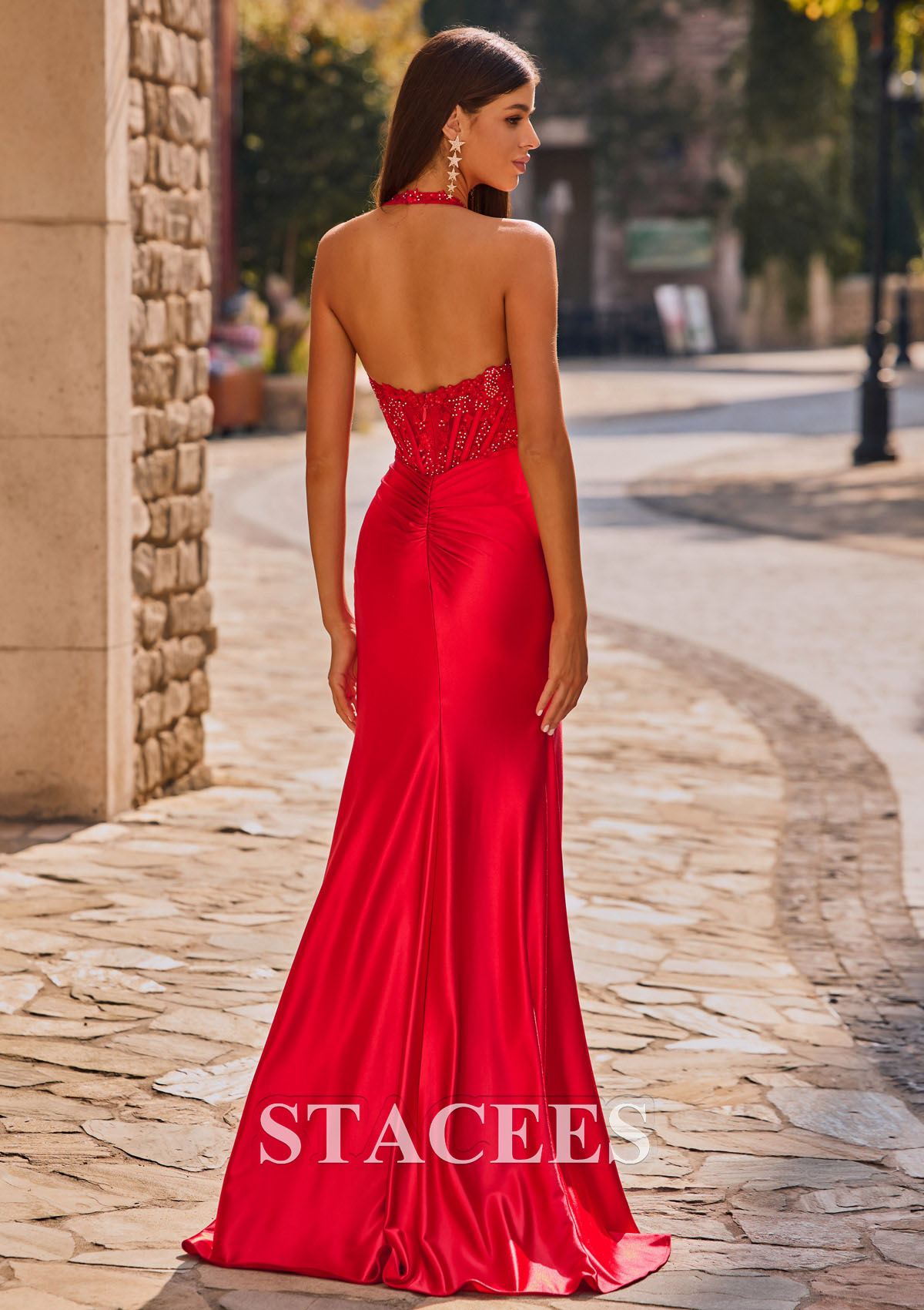 halter top mermaid prom dress Stacees 2026 Trumpet/Mermaid Halter Silk like Satin Prom Dress with Appliqued Beading Pleated Sequins Split