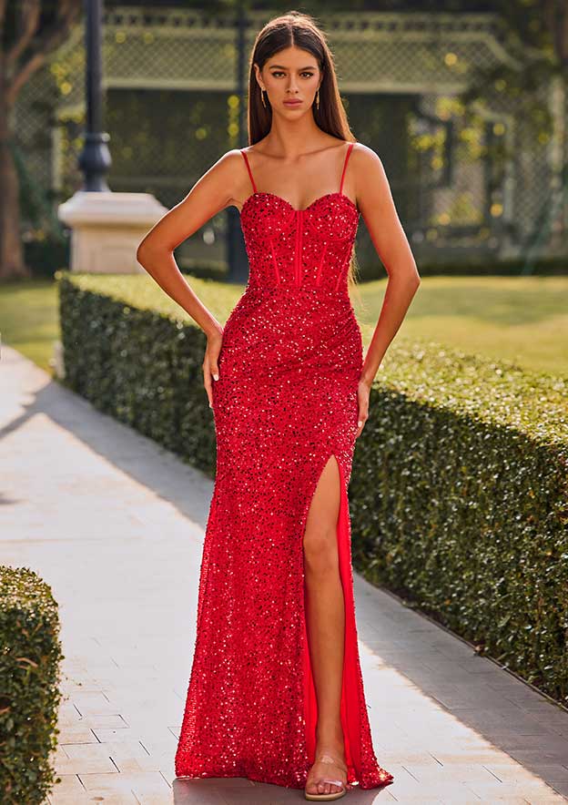 Stacees Fitted Corset Sweetheart Sequins Prom Dress with Slit