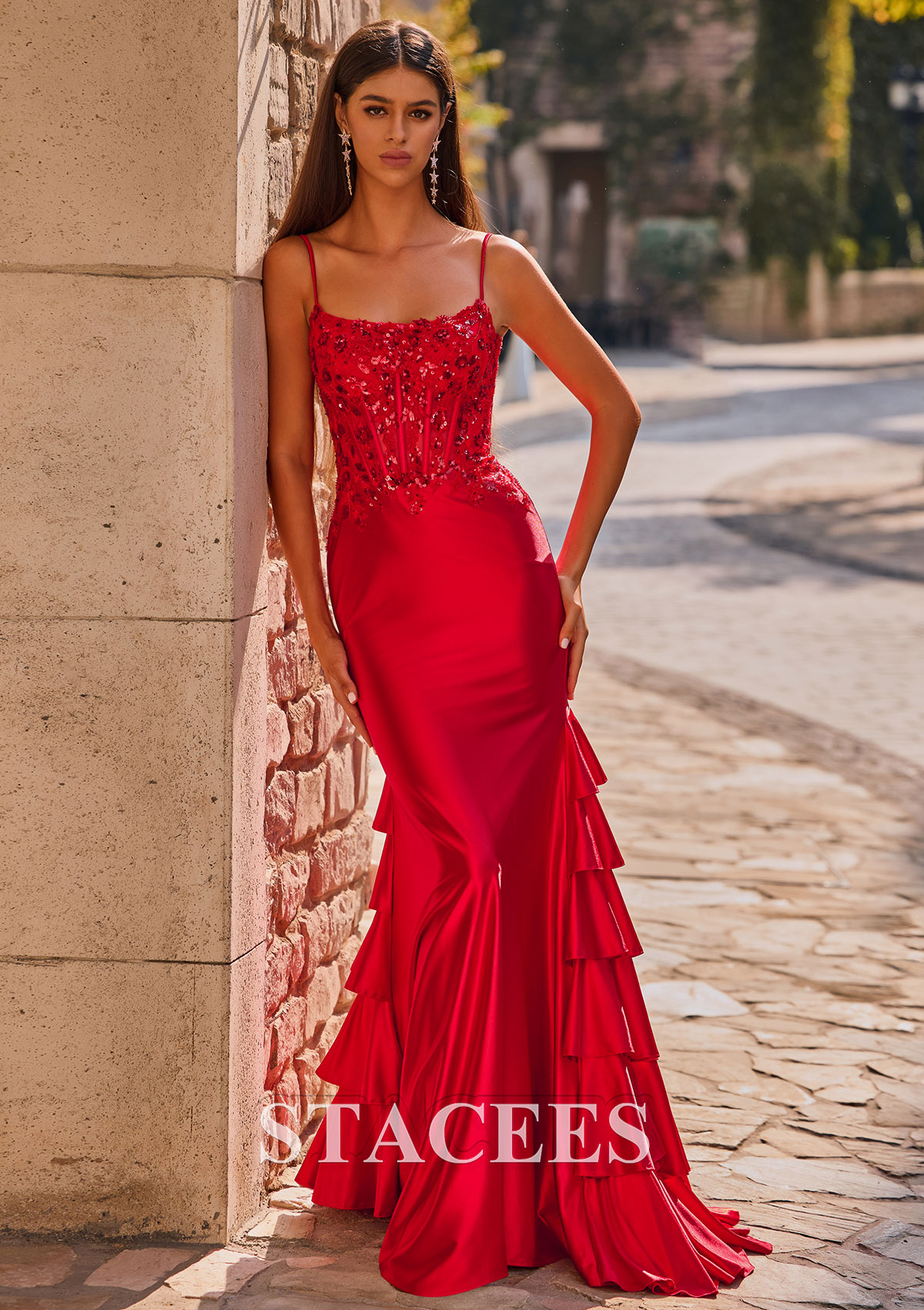 red mermaid dress with ruffles V-NECK RUFFLE FLUTTER SLEEVES MERMAID MAXI DRESS (RED) Dress Code Chic Official