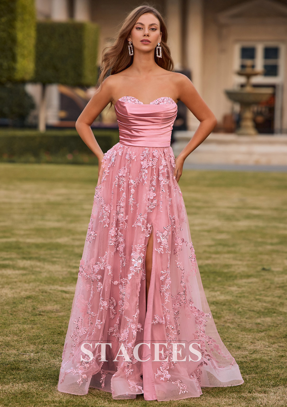 preppy prom dress Stacees 2026 A-line Sweetheart Tulle with Appliqued Beading Pleated Sequins Split evening party or any other occasions Strappy-Back Long Prom Dress with