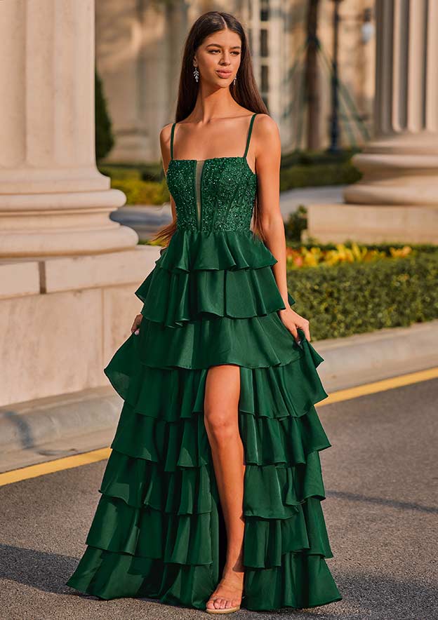 A-line Square Neckline Stretch Satin Floor-Length Prom Dress with Appliqued Beading Ruffles Split