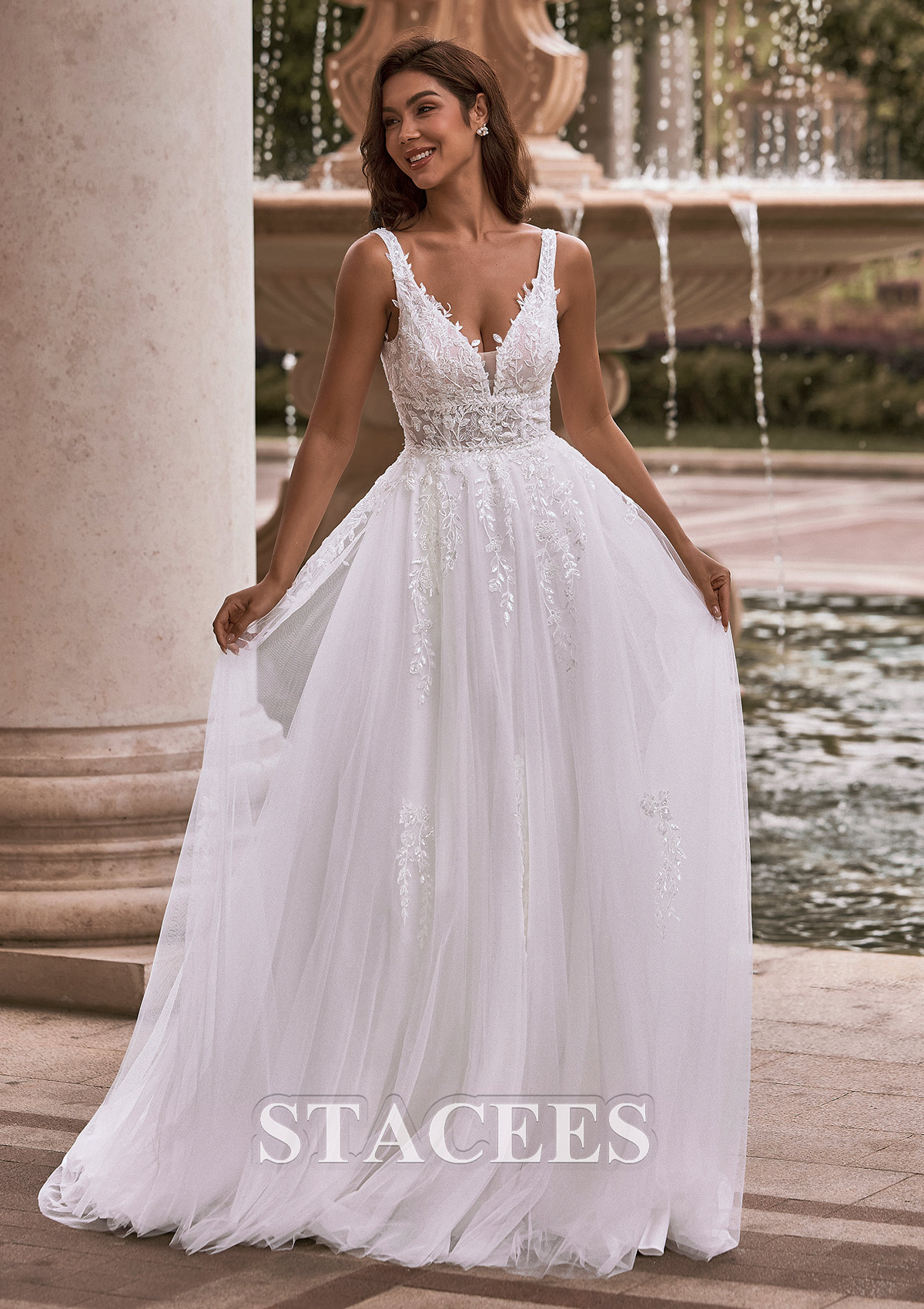 a line princess v neck dress A Line V-Neck Lace Appliques Romantic Princess Wedding Dress QW2621 US8 / Ivory