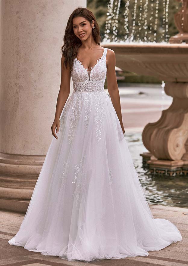 A-line Princess V Neck Tulle Court Train Wedding Dress with Appliques Lace Beading Sequins