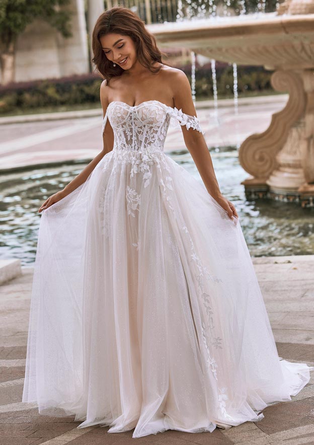 off the shoulder pleated tulle wedding dress A-line Off-the-Shoulder Tulle Sweep Train Wedding Dress with Appliqued  Split Glitter S3083W - Wedding Dresses