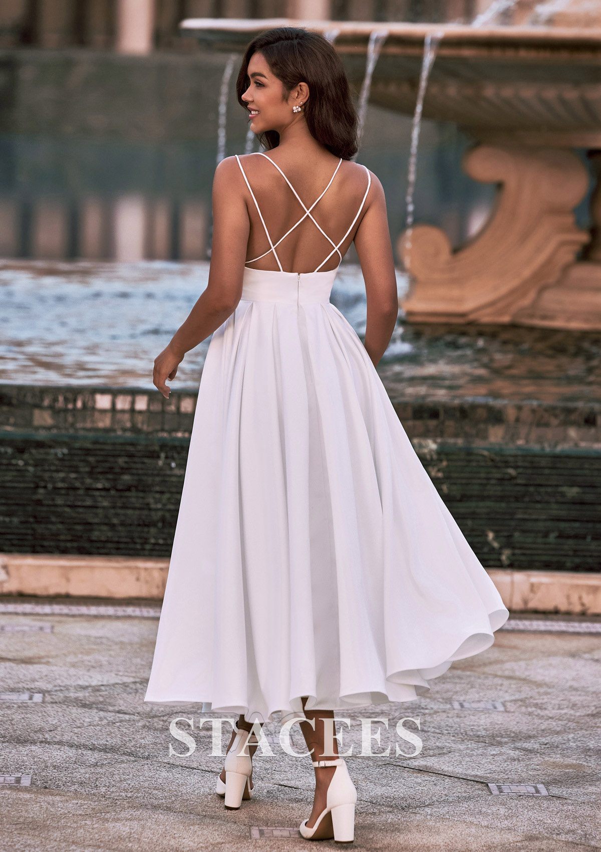 satin v neck tea length a line dress Stacees BridalTea-Length Wedding Dress A-line V Neck Satin