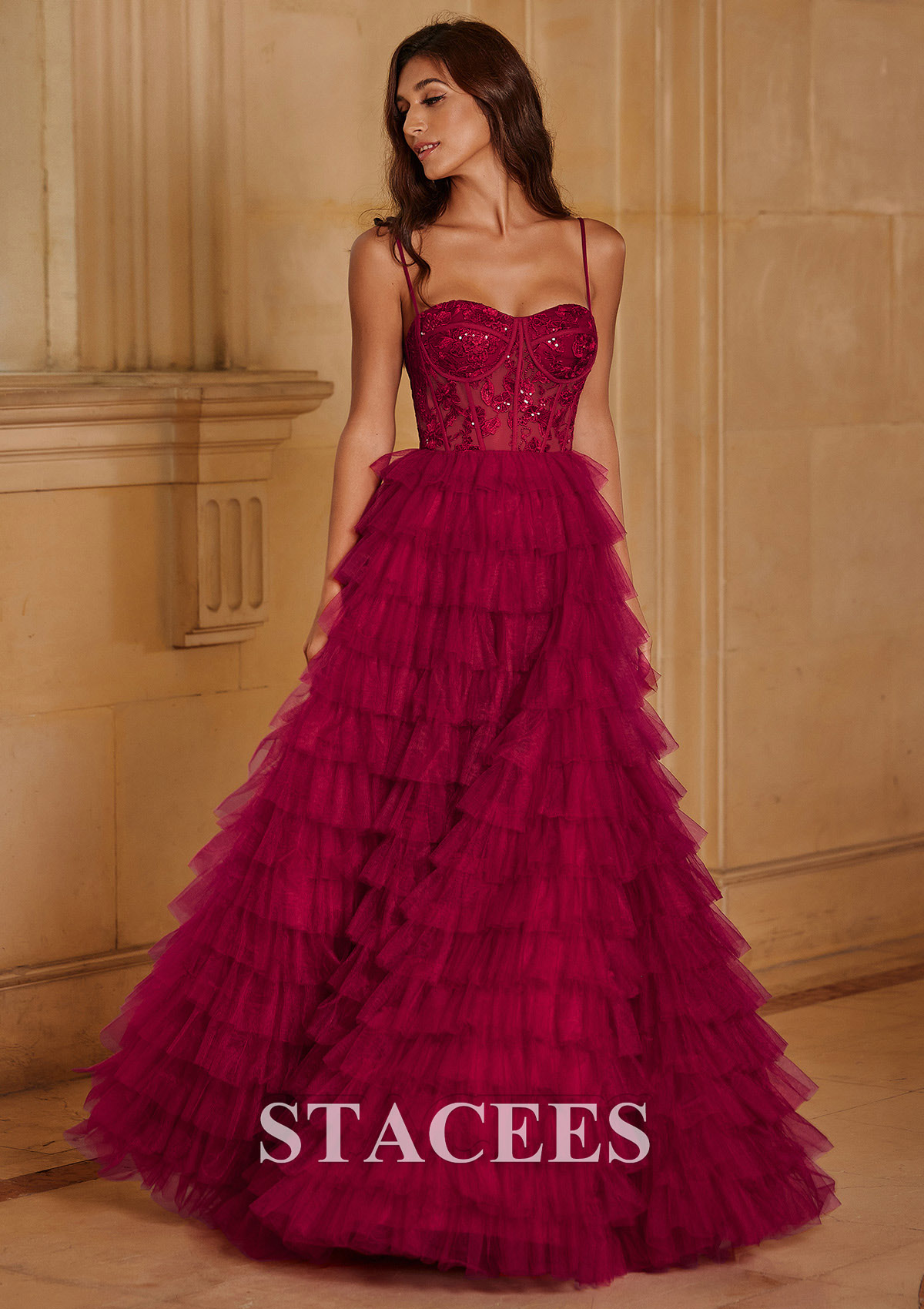 Burgundy Ball Gown Sequined Lace Bodice Ruffled Tiered Floor-Length Prom Dress - STACEES