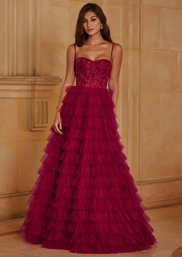  Ball Gown Sequined Lace Bodice Ruffled Tiered Floor-Length Prom Dress
