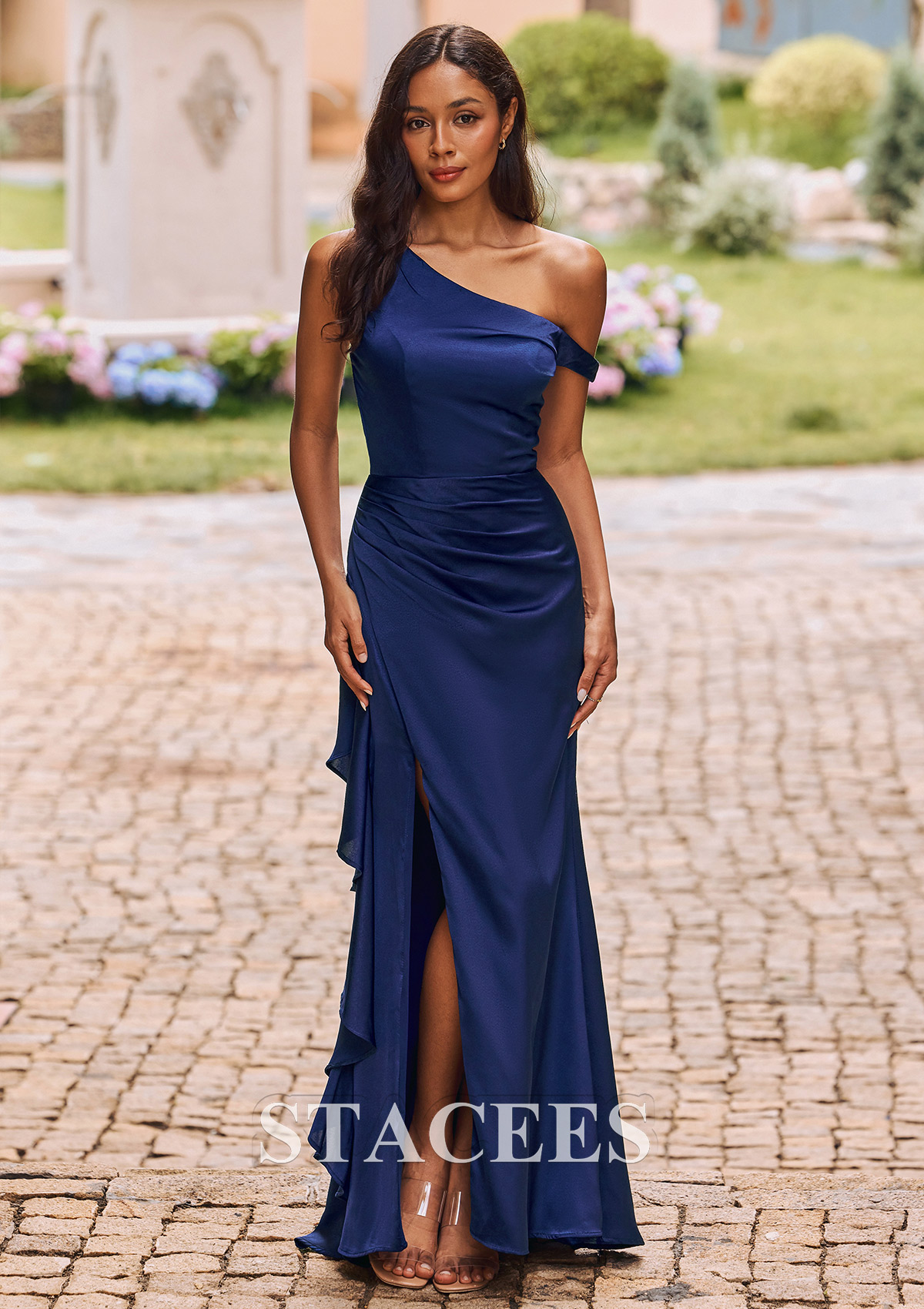 one shoulder debs dress Tight One-Shoulder Stretch Satin Ruffle Bridesmaid Dress with Slit S6073B -  Bridesmaid Dresses
