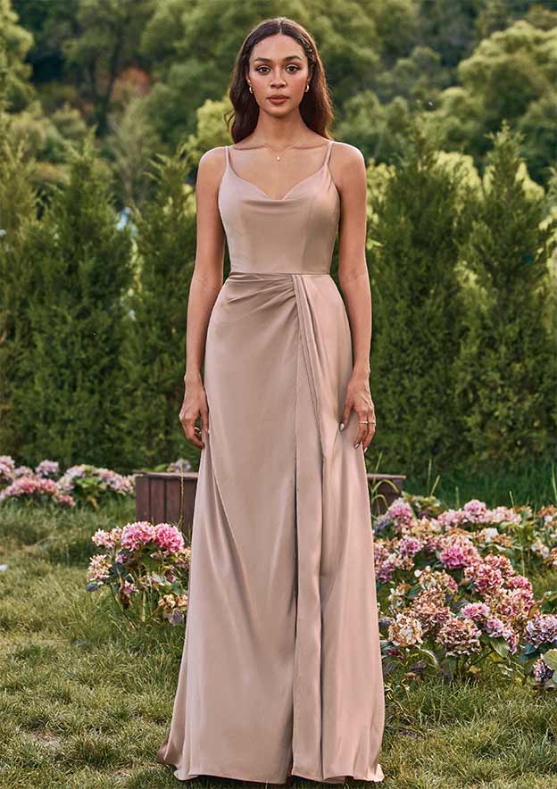 silk cowl neck bridesmaid dress Peach Cowl Neck Spaghetti Strap Slit Charmeuse Column Bridesmaid Dress