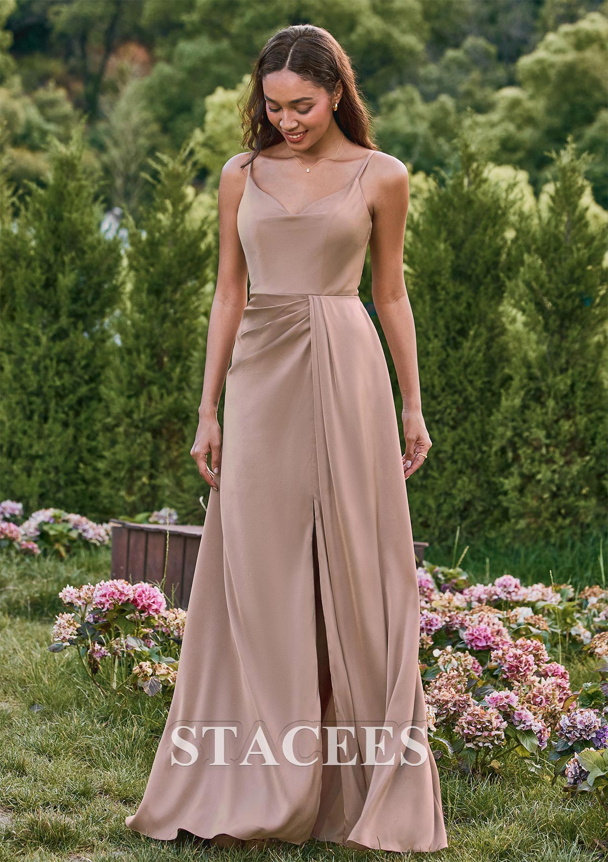 taupe bridesmaid dresses satin Stacees A-line Cowl Neck Stretch Satin Long Bridesmaid Dresses with Slit