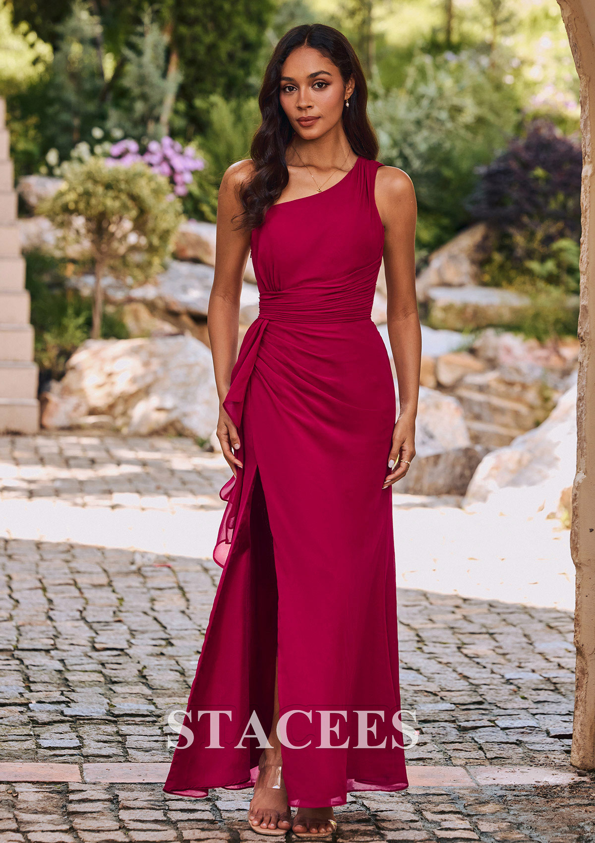 one shoulder chiffon dress One-Shoulder Column Gown with Cape Sleeve and Slit From the back Red Chiffon One Shoulder Sexy