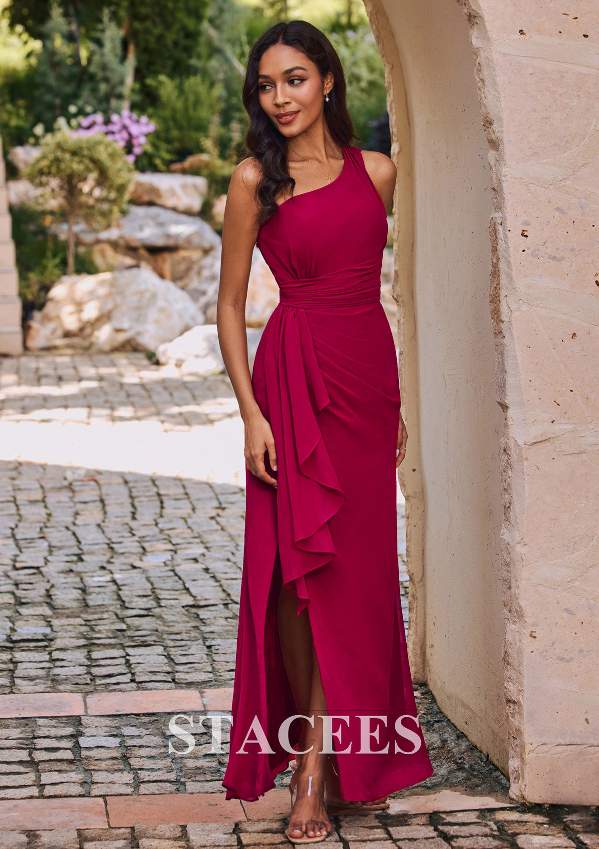 asymmetrical evening dress Alessandra Gown 0 / Sand this gown features gorgeous beaded embellishments that trace along the neckline and cascade down the bodice Asymmetrical Hem Short Sleeve V-Neck