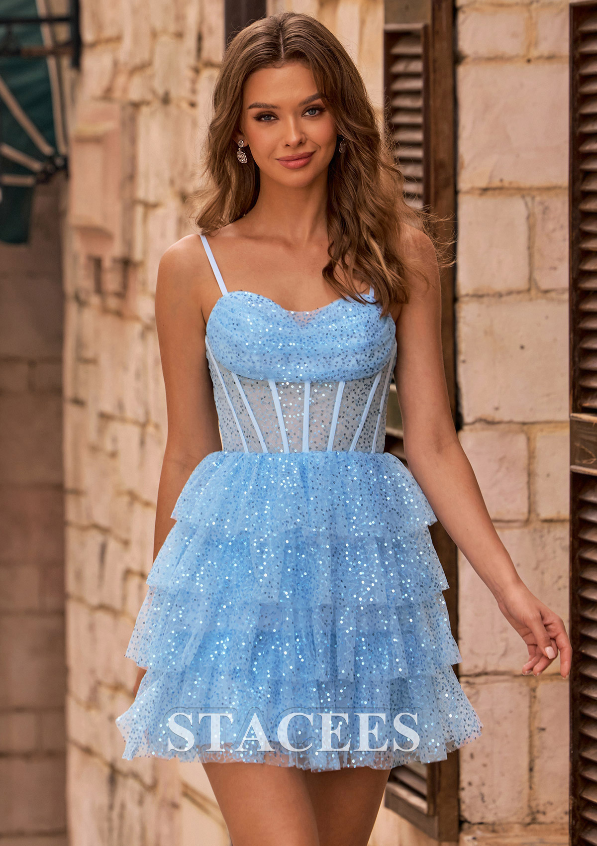 Sky Blue A-line Cowl Neck Sequin Ruffled Fit-and-Flare Homecoming Dress with Sheer Bodice - STACEES