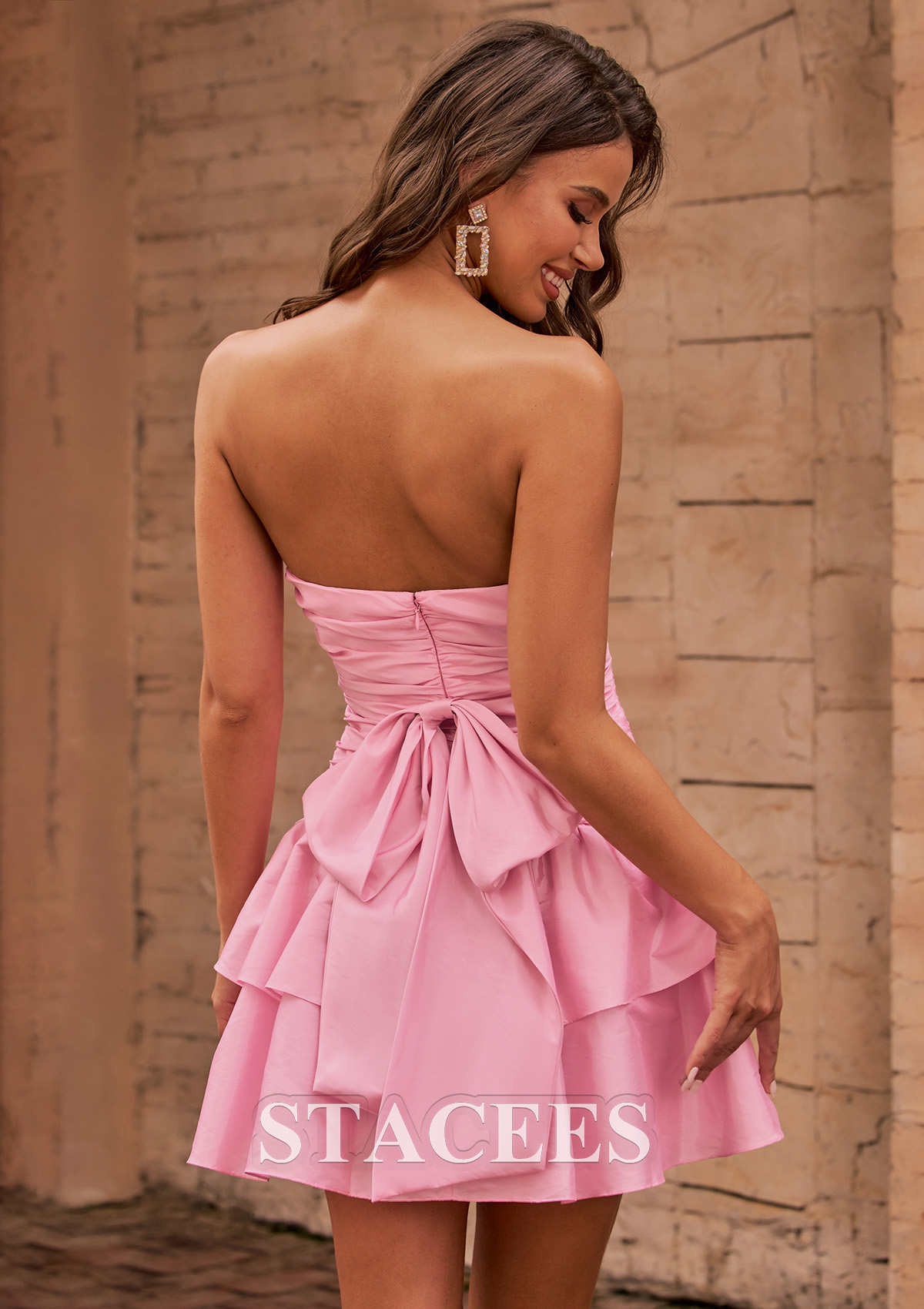 strapless cutout ruffle dress in pink Strapless Ruched Bodice LaceUp Back Tiered Ruffle Dress