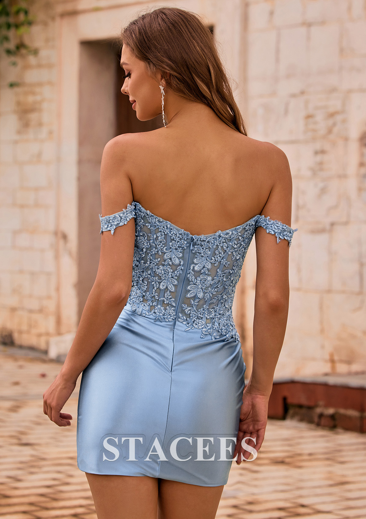 Dusty Blue Off-the-Shoulder Fitted Slit Homecoming Dress with Lace Corset Ruched Skirt - STACEES