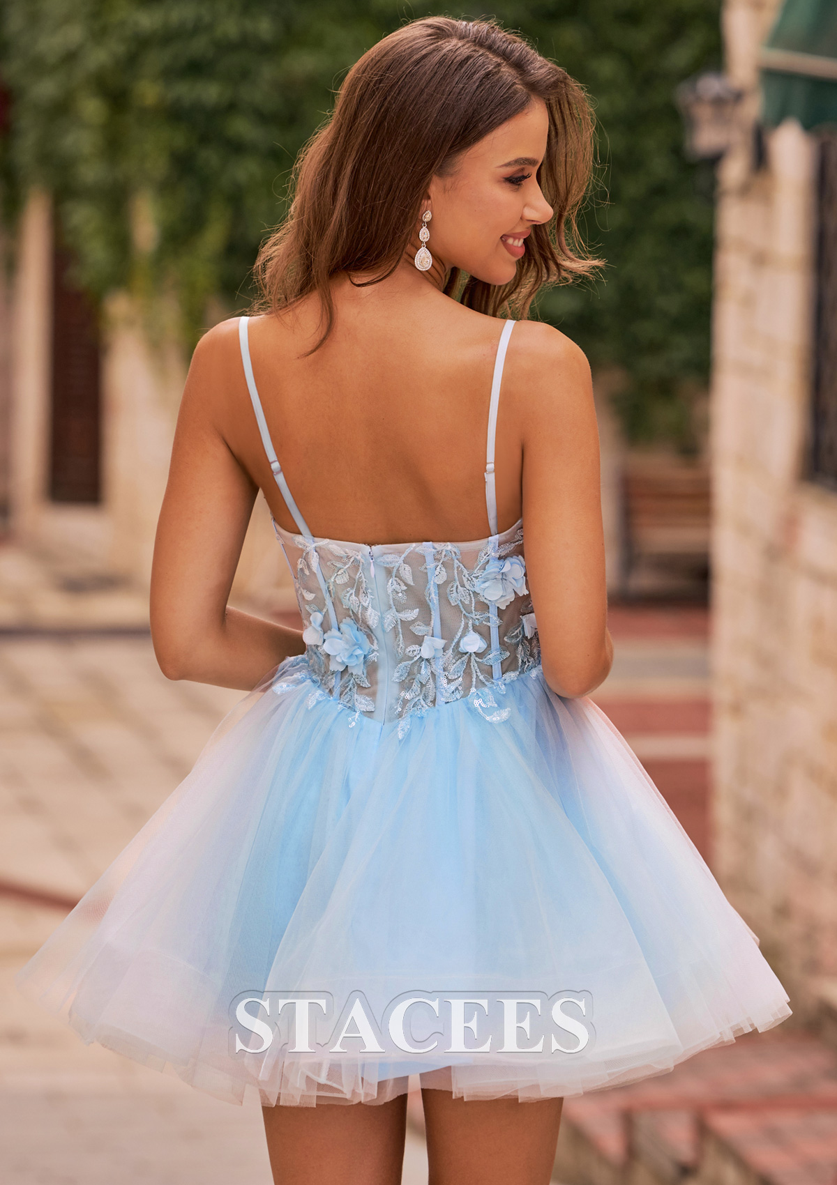 Sky Blue A-line Floral Sheer Corset Homecoming Dress with Spaghetti Straps - STACEES