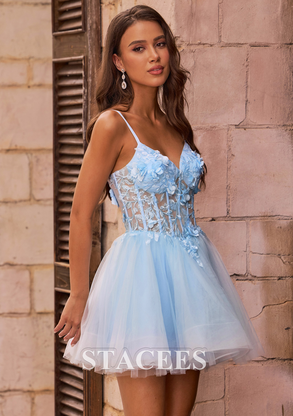 Sky Blue A-line Floral Sheer Corset Homecoming Dress with Spaghetti Straps - STACEES