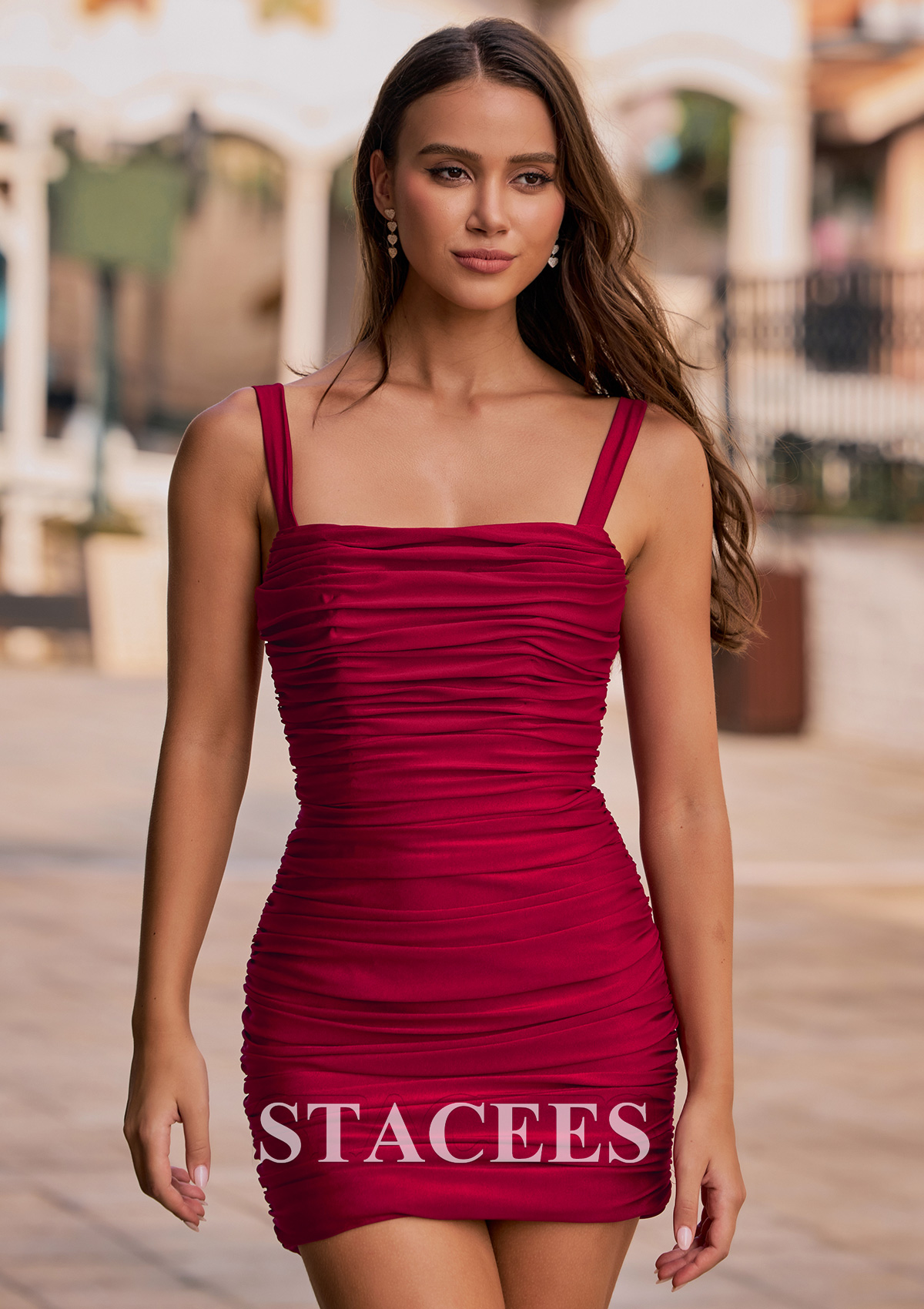 Burgundy Tight Square Neckline Jersey Ruched Mini Homecoming Dress with Bow Back