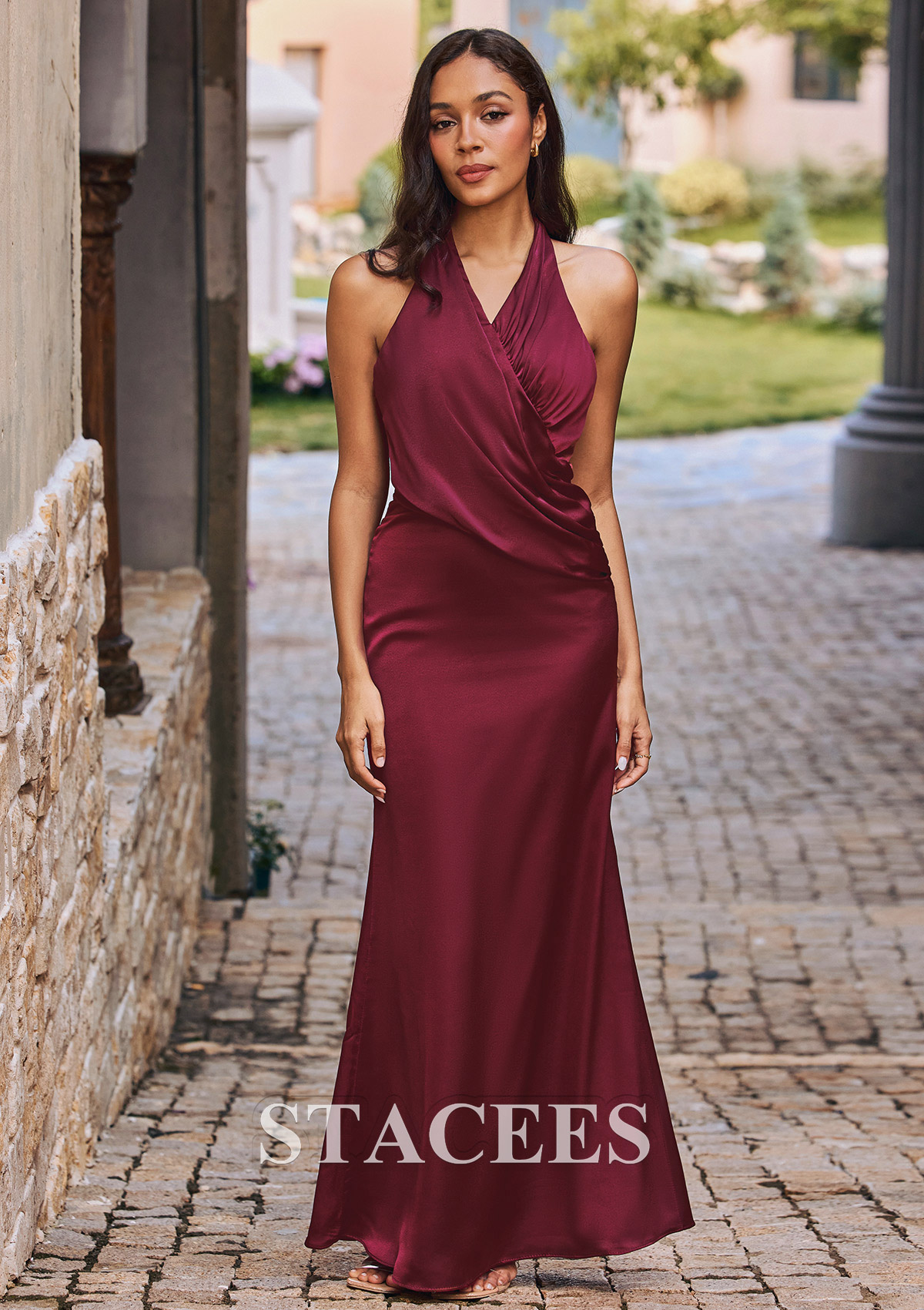 burgundy halter bridesmaid dress Azazie Clarice
