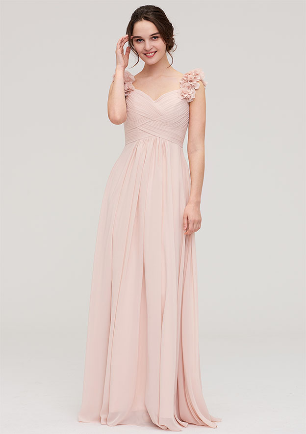 A-line/Princess Sweetheart Sleeveless Long/Floor-Length Chiffon Bridesmaid Dress With Pleated Shoulder Flower