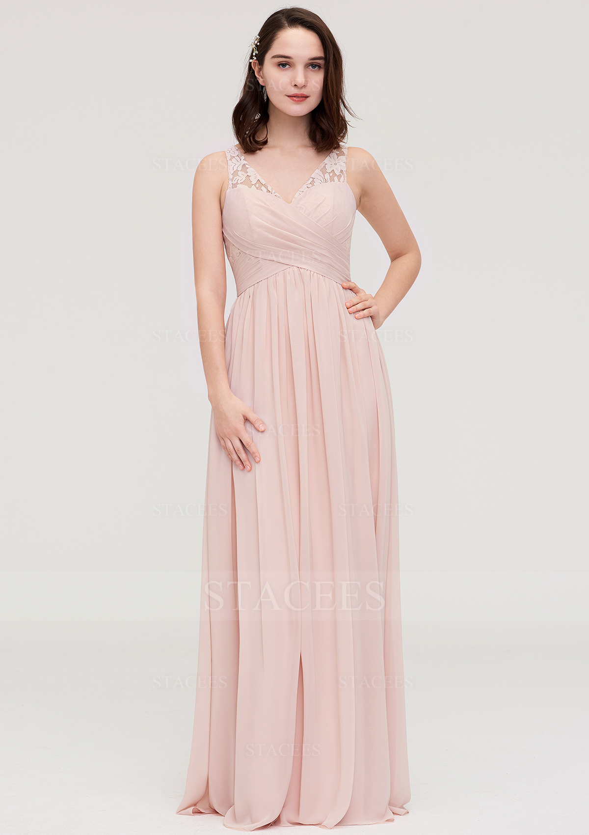 Rosa perla Vestido línea a escote en v gasa hasta el suelo vestido de dama de honor - STACEES