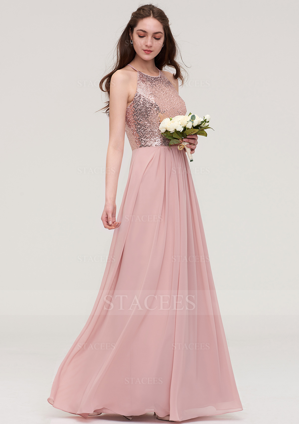 Dusty Pink Chiffon Bridesmaid Dress A-line/Princess Bateau Sleeveless Long/Floor-Length With Sequins - STACEES