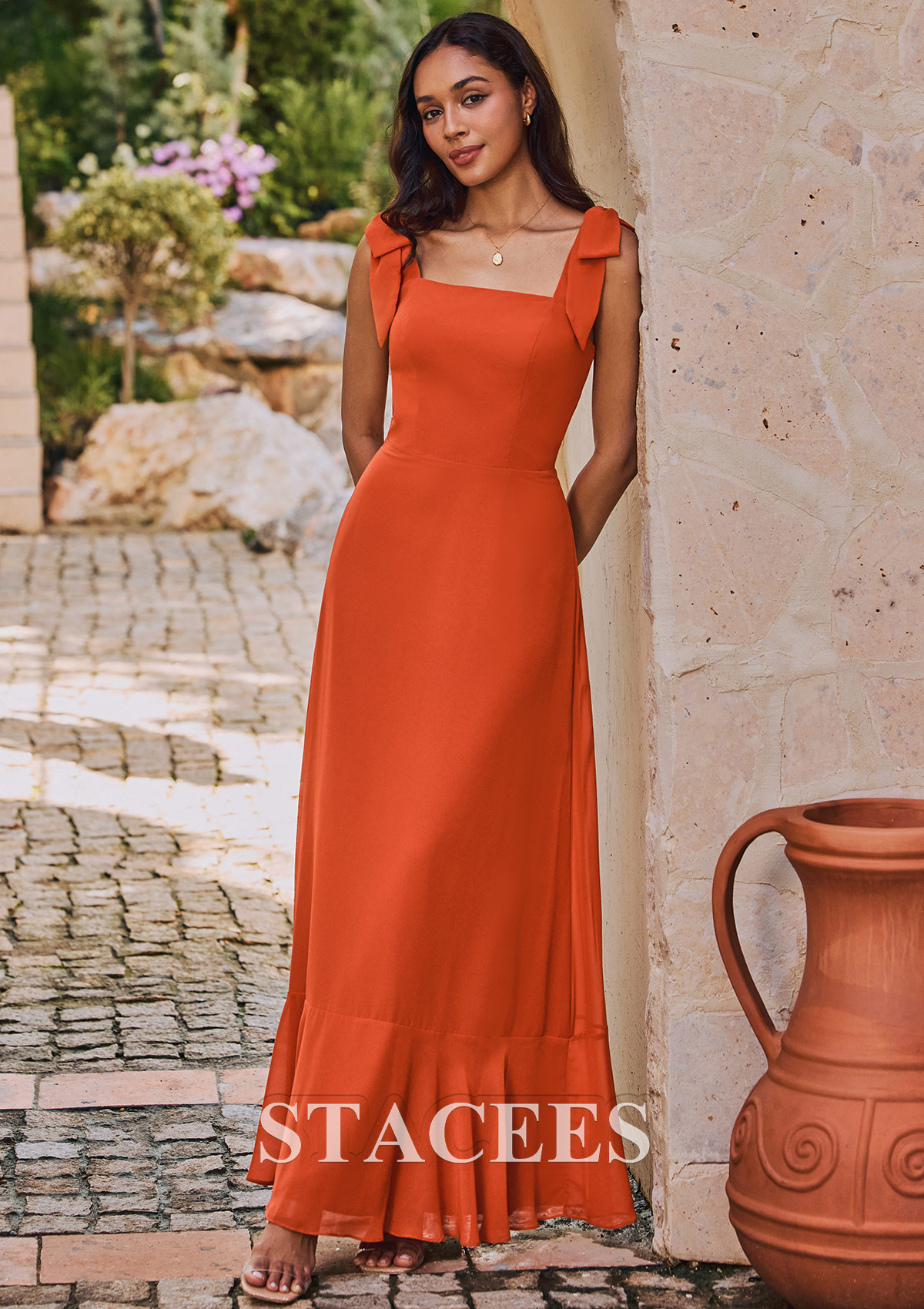 chiffon bridesmaid dresses with straps B203001 V-neckline and Spaghetti Strap High-Low Poly Chiffon Bridesmaid Dress