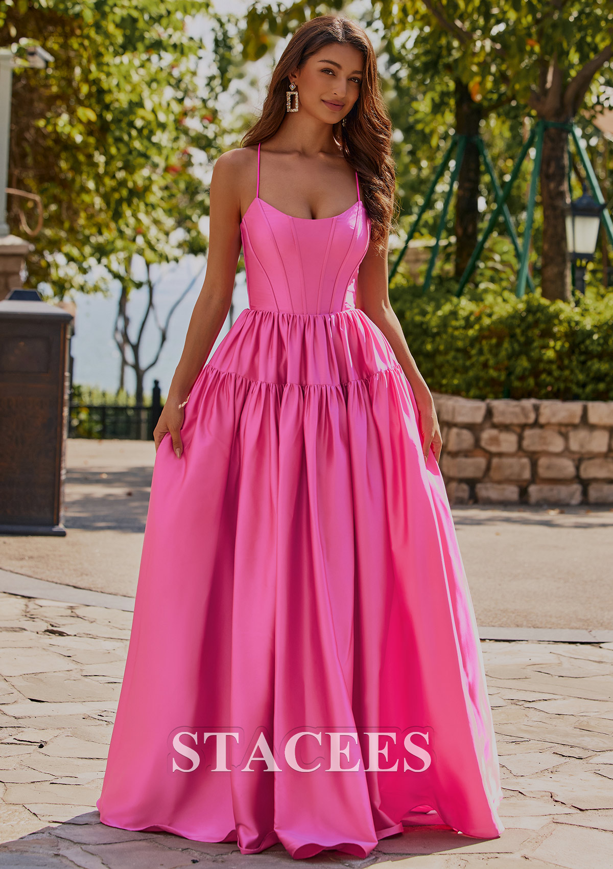Hot Pink Classic Ball-Gown Satin Prom Dress with Strappy Open Back - STACEES
