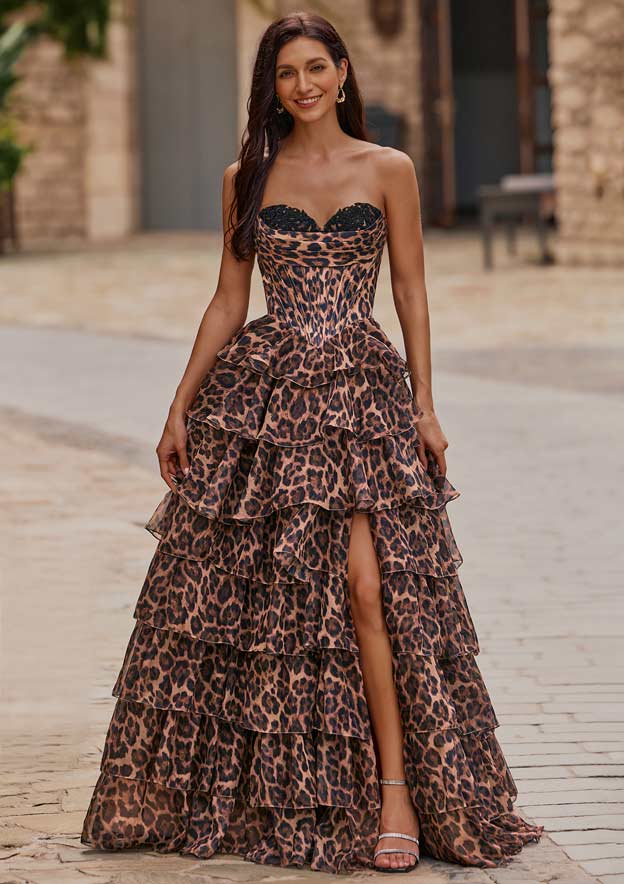 A-line Strapless Corset Leopard Print Tiered Ruffle Prom Dress with Slit