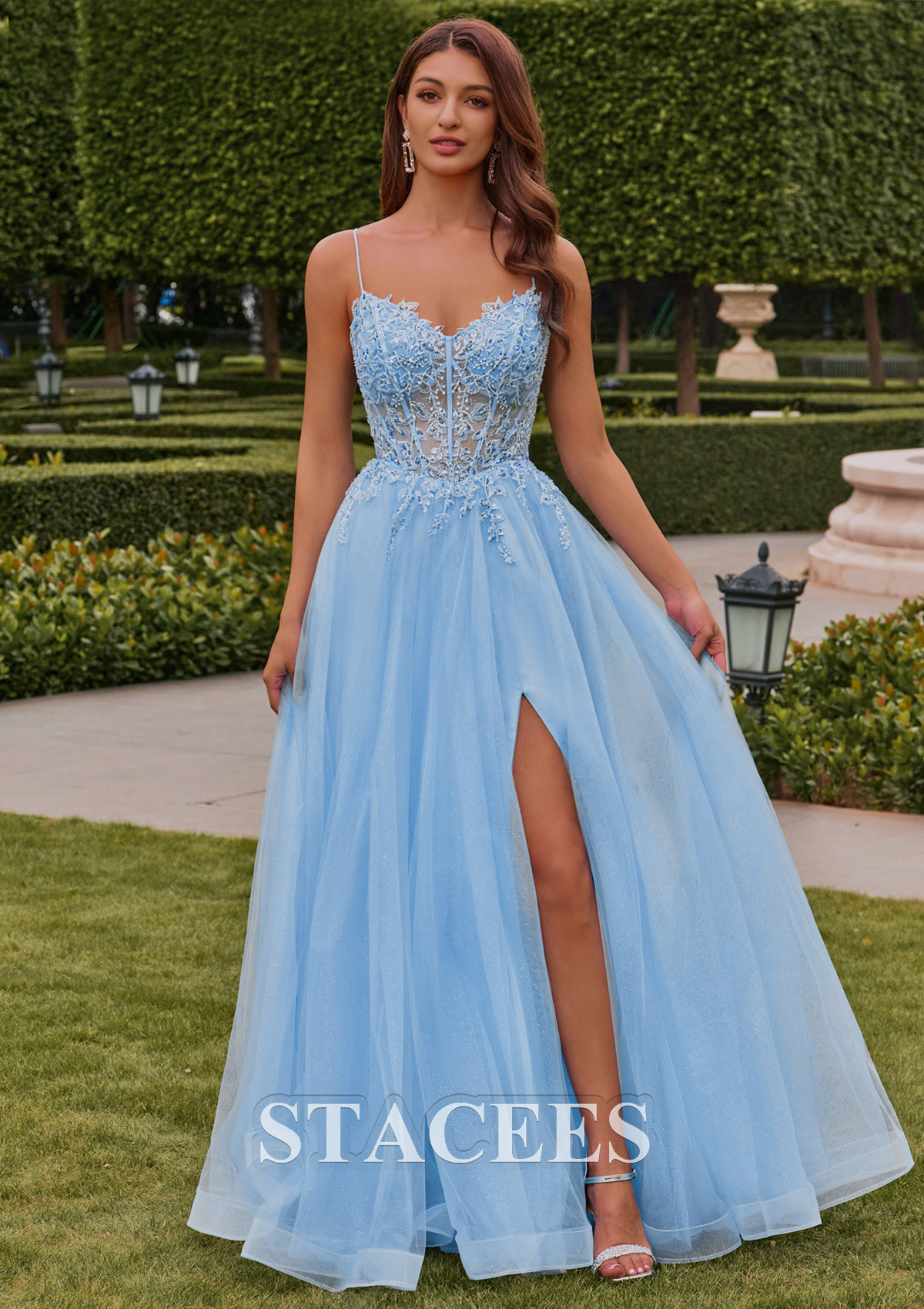 Azul Cielo Vestido línea a escote en v tul hasta el suelo vestido de graduación - STACEES