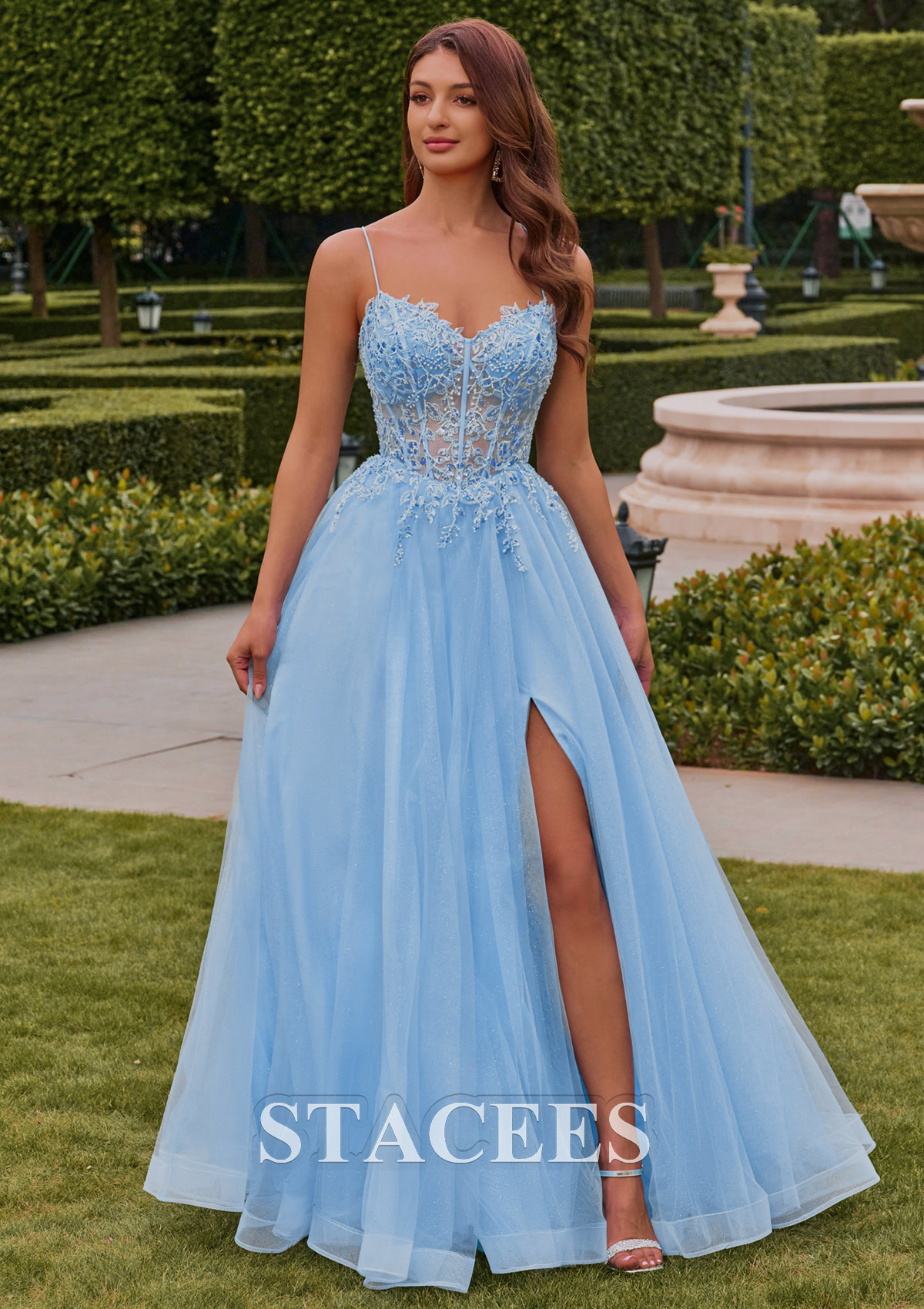 Azul Cielo Vestido línea a escote en v tul hasta el suelo vestido de graduación - STACEES