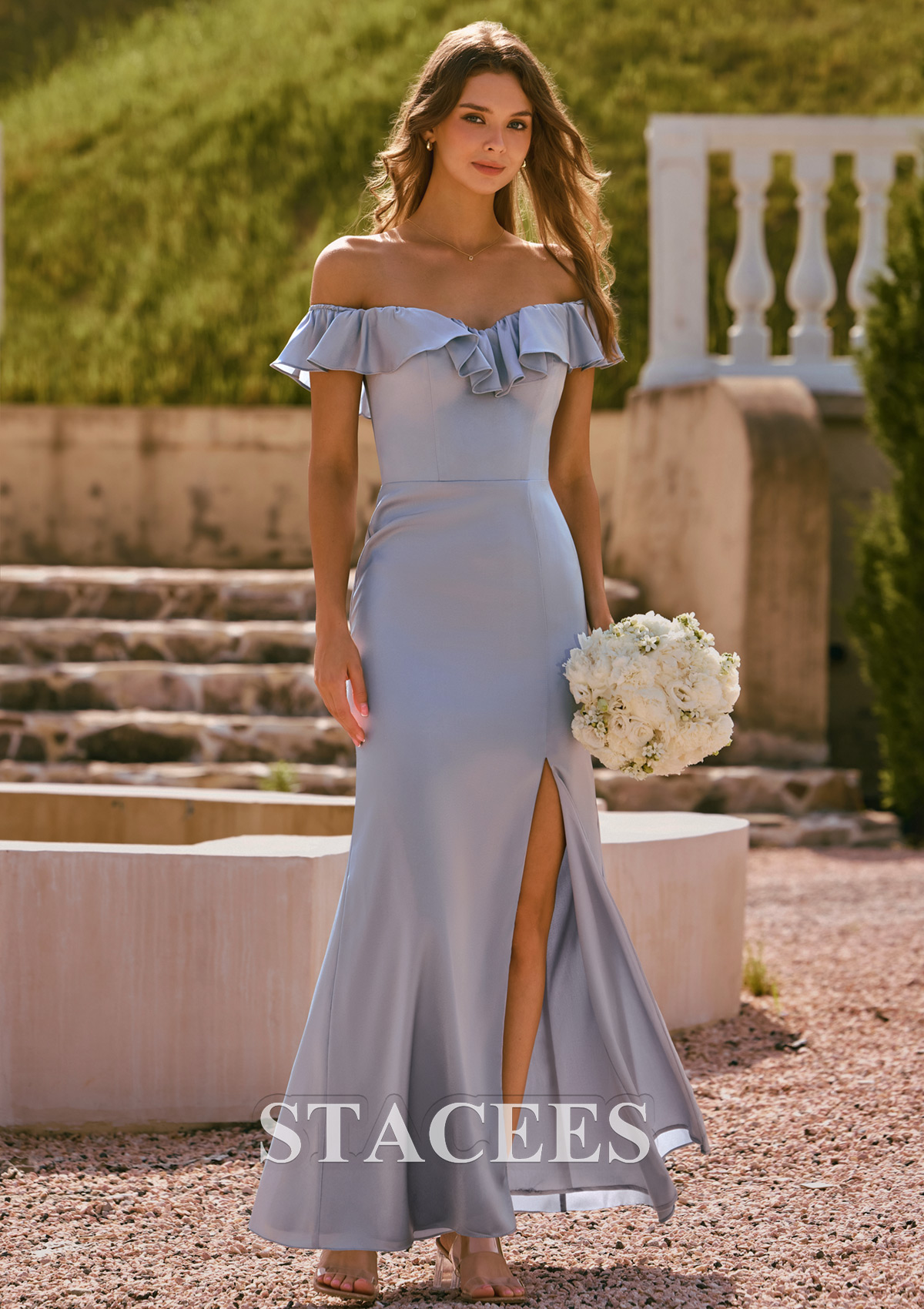 grey bridesmaid dresses off the shoulder Stacees Fitted Ruffle Off?the?Shoulder Slit Bridesmaid Dress Floor?Length Wedding Party Gown