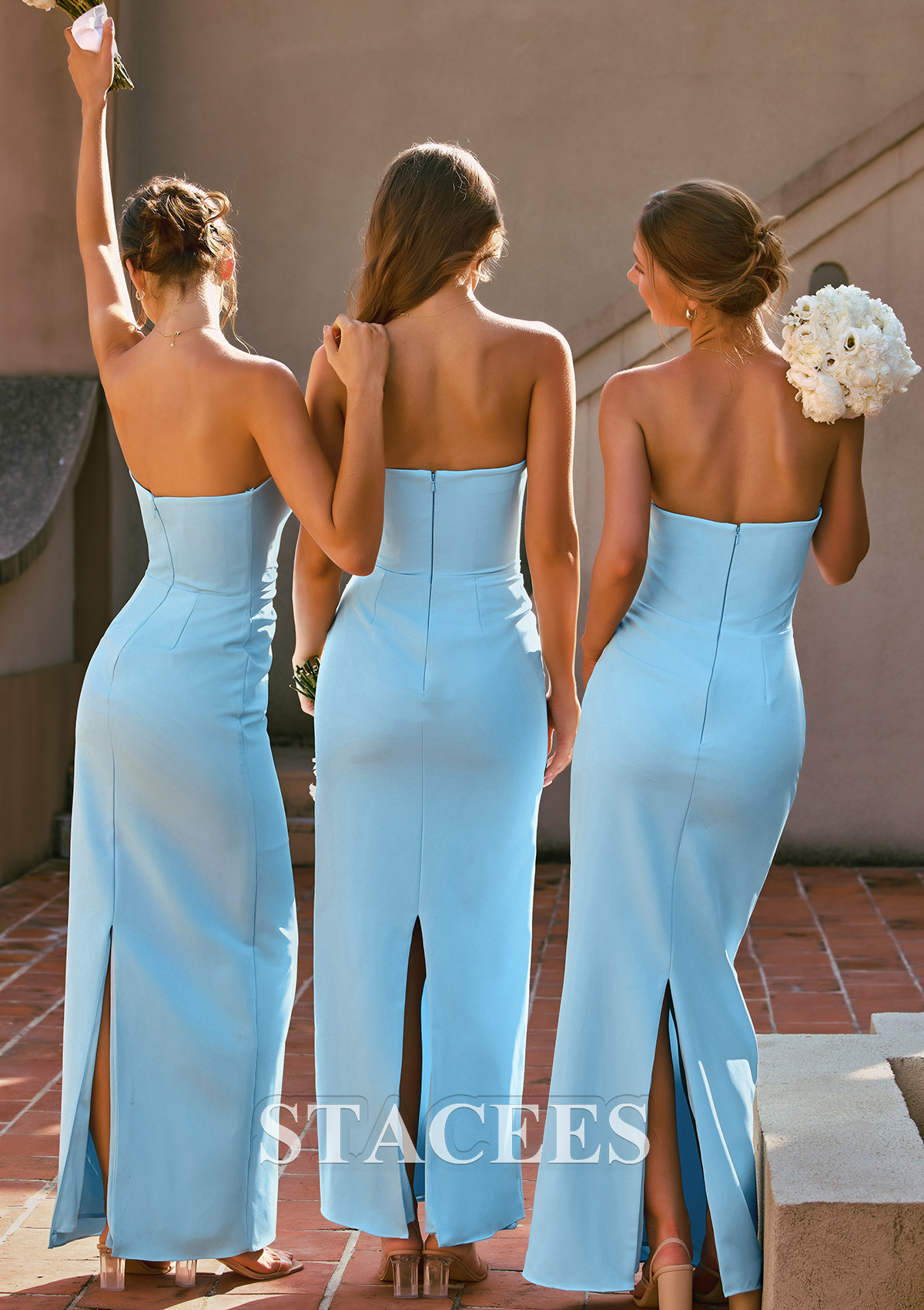 Sky Blue Fitted Strapless Sheath Bridesmaid Dress with Side Ruching and Back Slit