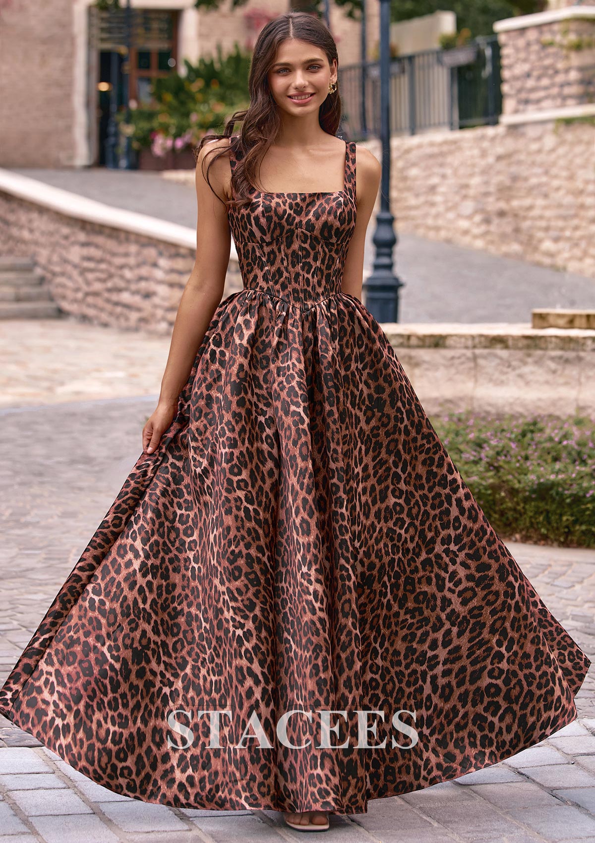 Cheetah Print Leopard Print A-line Square Neckline Prom Dress with Pockets - STACEES