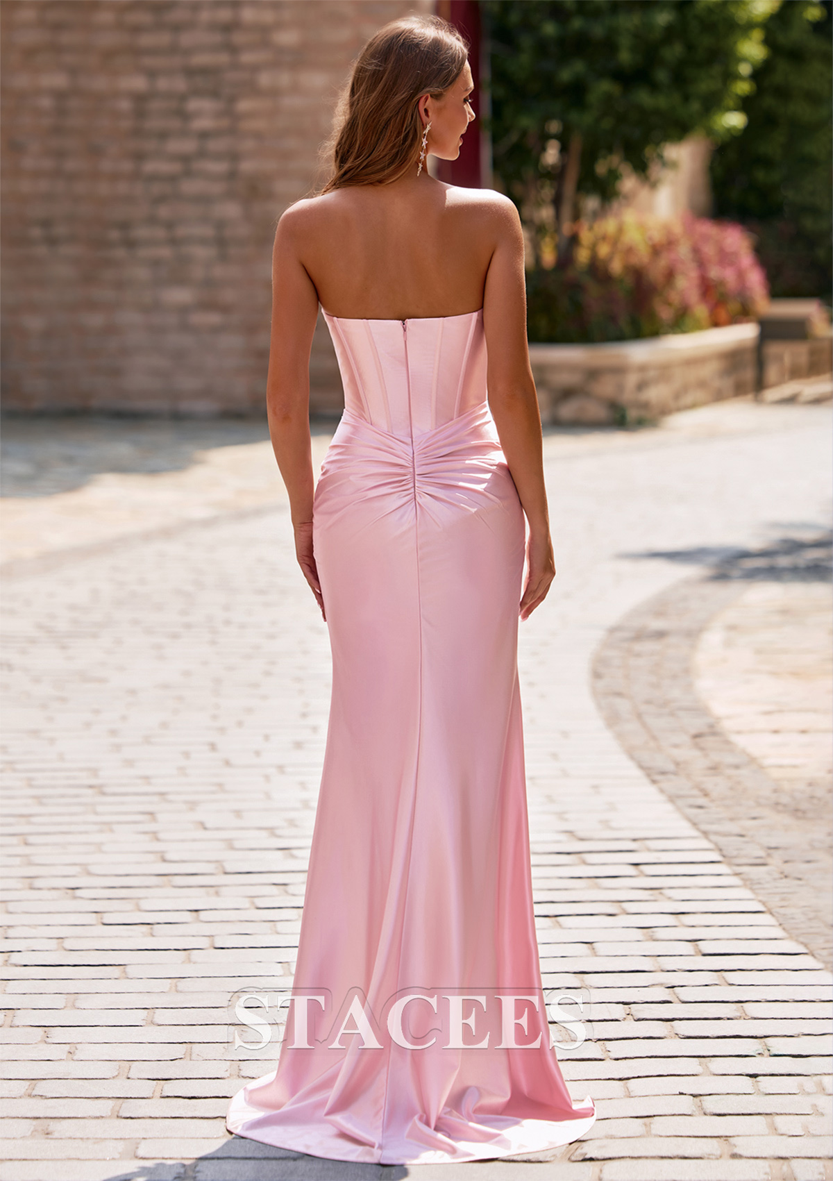 strapless prom dresses with open back Jovani D5054 size 8 Pink Fitted Backless Satin Prom Dress Crystal Bow Glass Slipper Formals