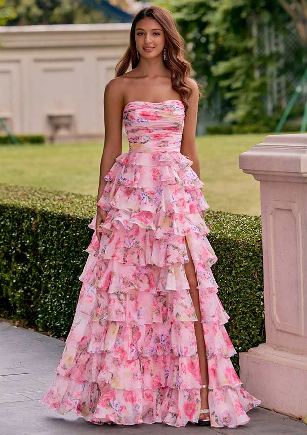 A-line Ruched Chiffon Floral Print Strapless Ruffle Prom Dress with Slit