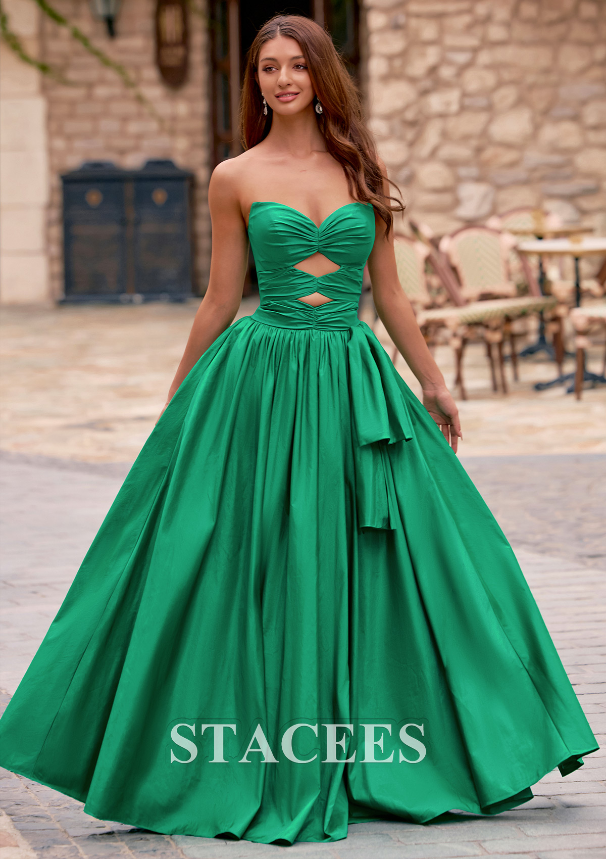 As Picture A-line Ruched Strapless V Neck Cutout Corset Taffeta Prom Dress - STACEES