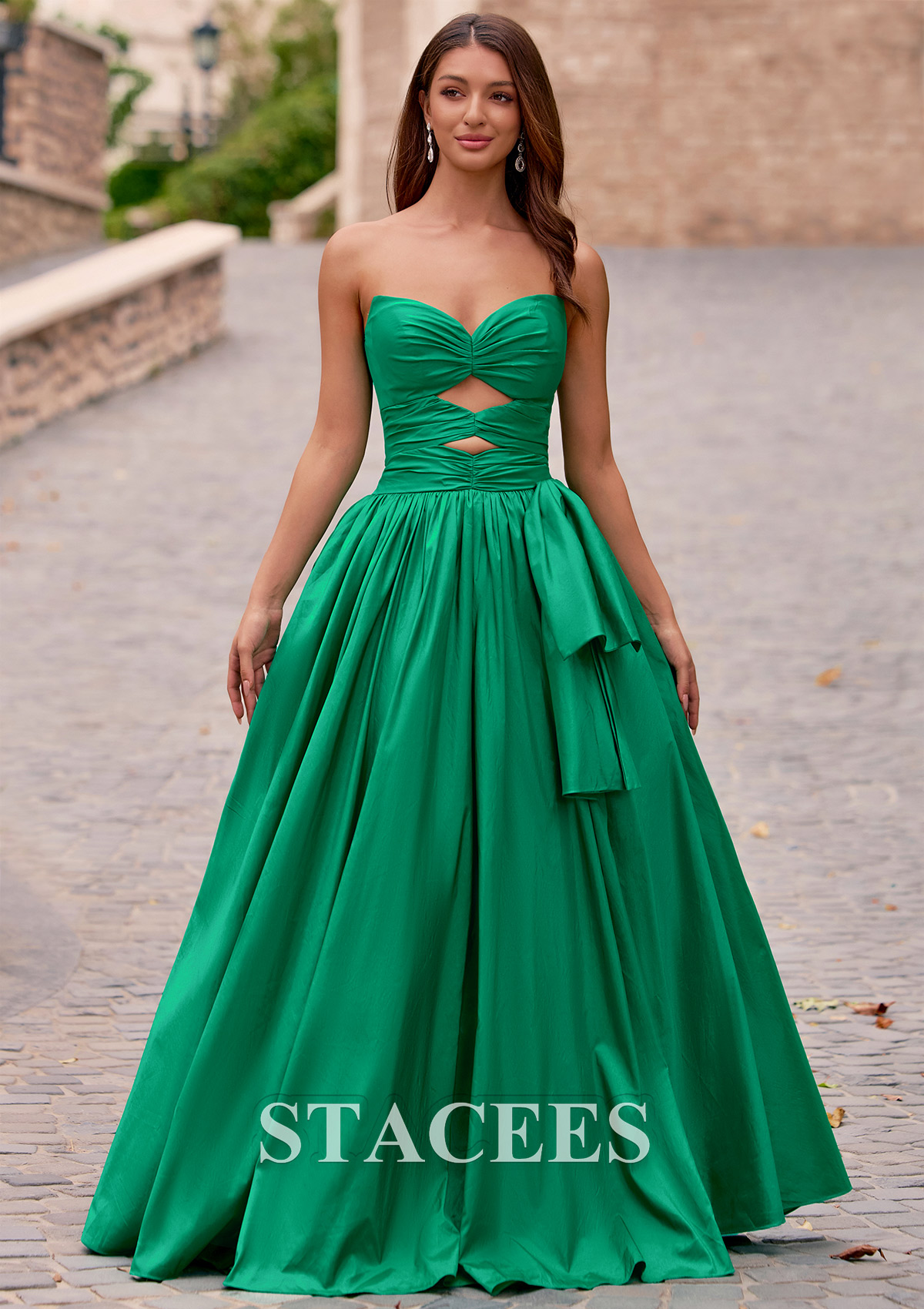 As Picture A-line Ruched Strapless V Neck Cutout Corset Taffeta Prom Dress - STACEES