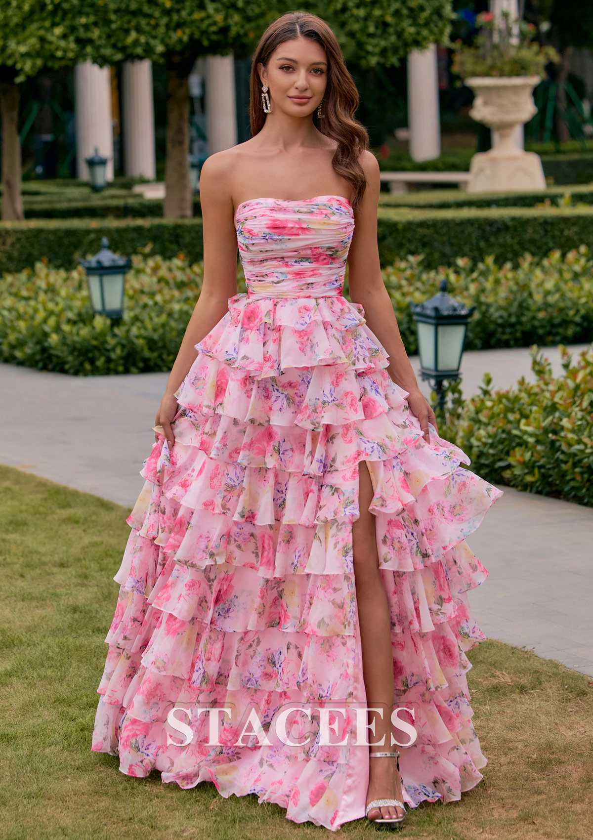 Candy Pink Floral A-line Ruched Chiffon Floral Print Strapless Ruffle Prom Dress with Slit