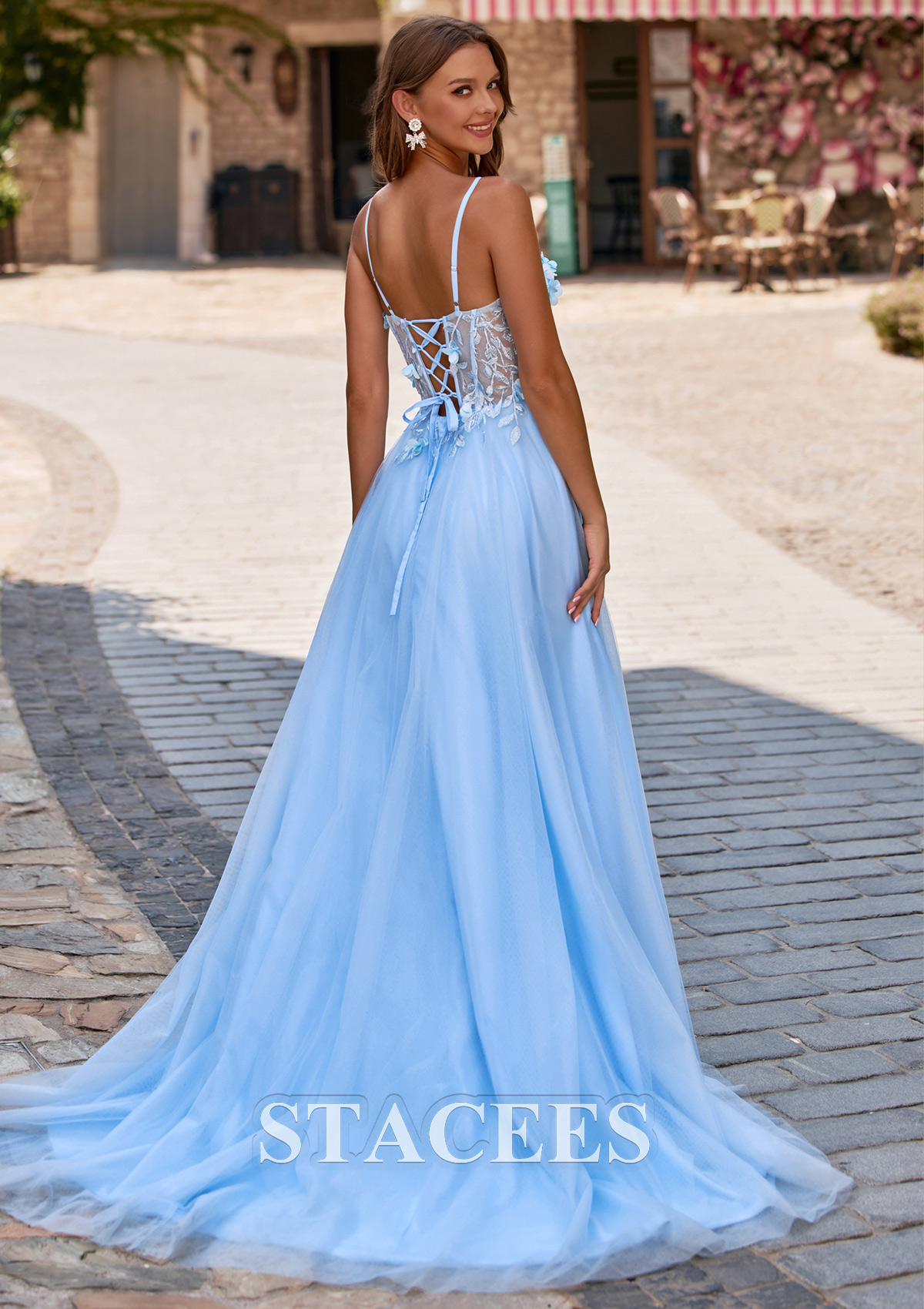 Sky Blue Ball Gown 3D Floral Applique Sheer Corset Tulle Prom Dress with Lace-Up Back - STACEES
