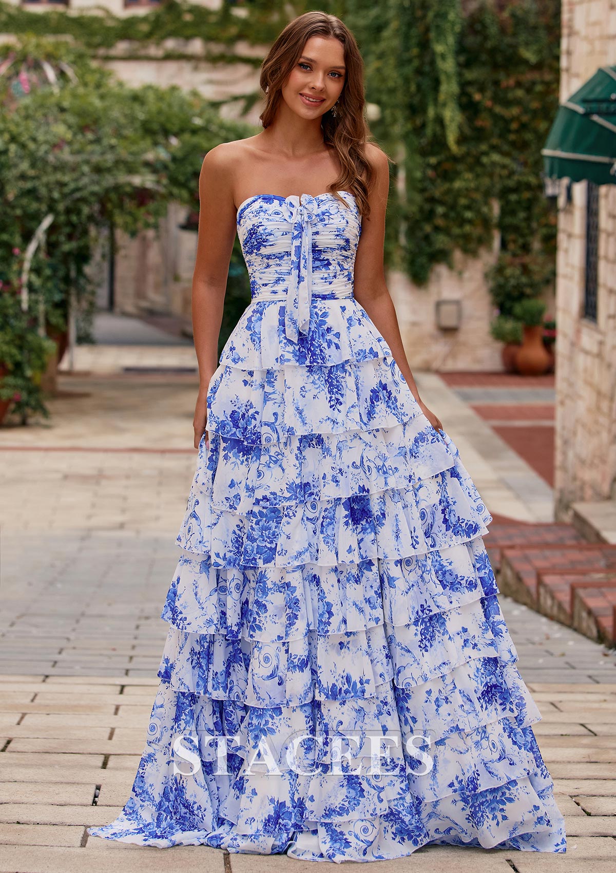 Ocean Blue Floral A-line Ruched Strapless Sweetheart Floral Print Tiered Ruffle Chiffon Prom Dress with Slit