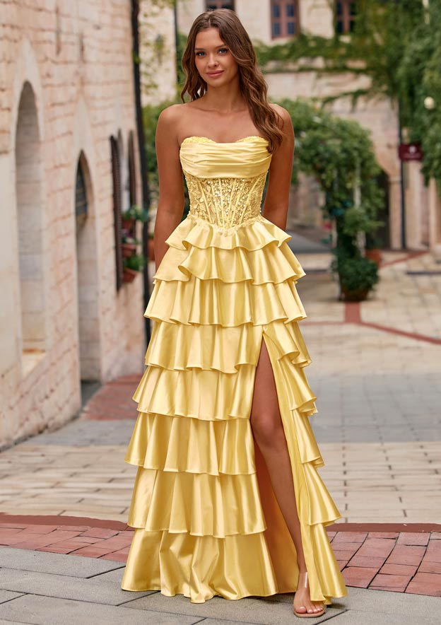 A-line Ruched Strapless Illusion Embroidered Ccorset Ruffle Prom Dress with Slit
