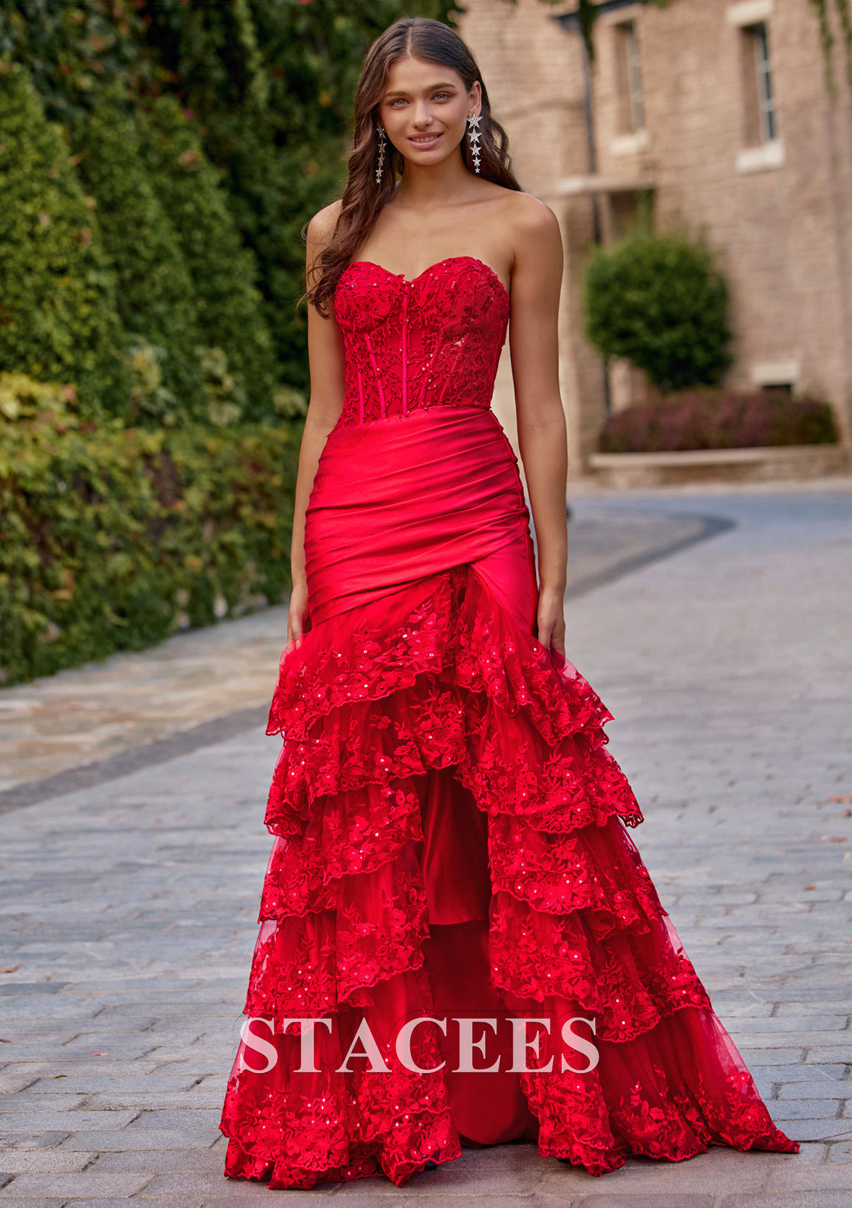 Red Strapless Sequins Lace Tiered Ruffle Mermaid Slit Prom Dress