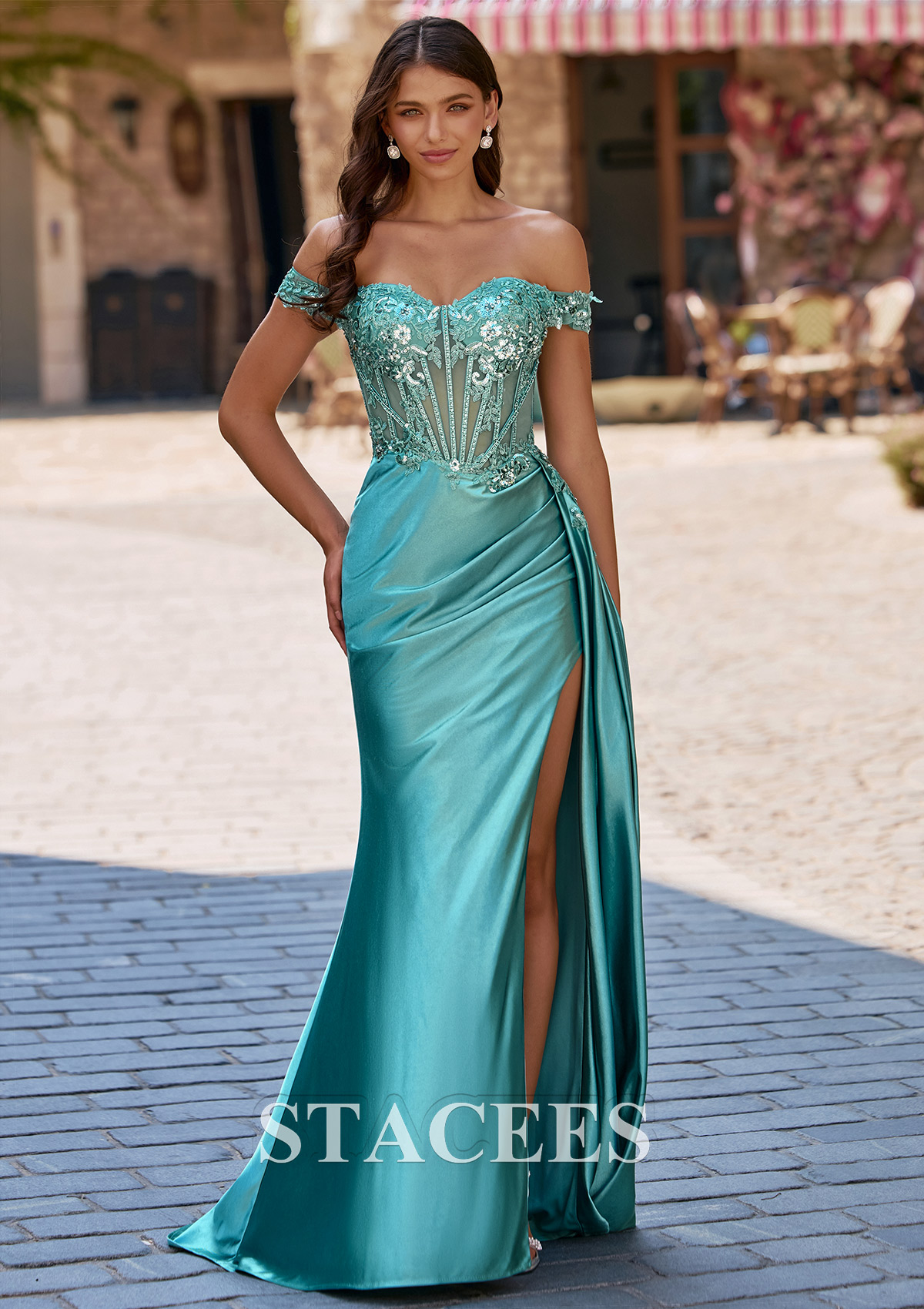 Agave Green Fitted Off-the-Shoulder Lace Appliqued Corset Slit Prom Dress with Side Drape - STACEES