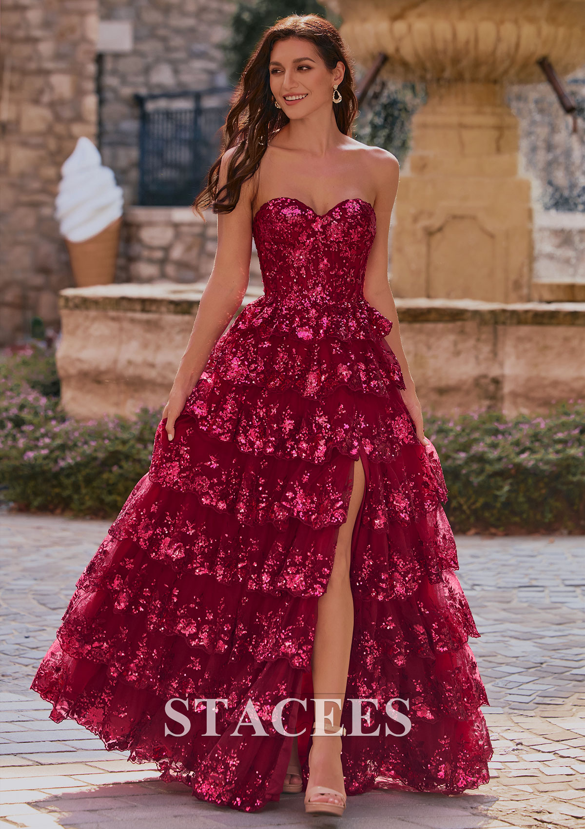 stacees dresses Stacees 2026 Sky Blue A-line Glitter Prom Dress with Plunging V Neck Floral Sequins Corset