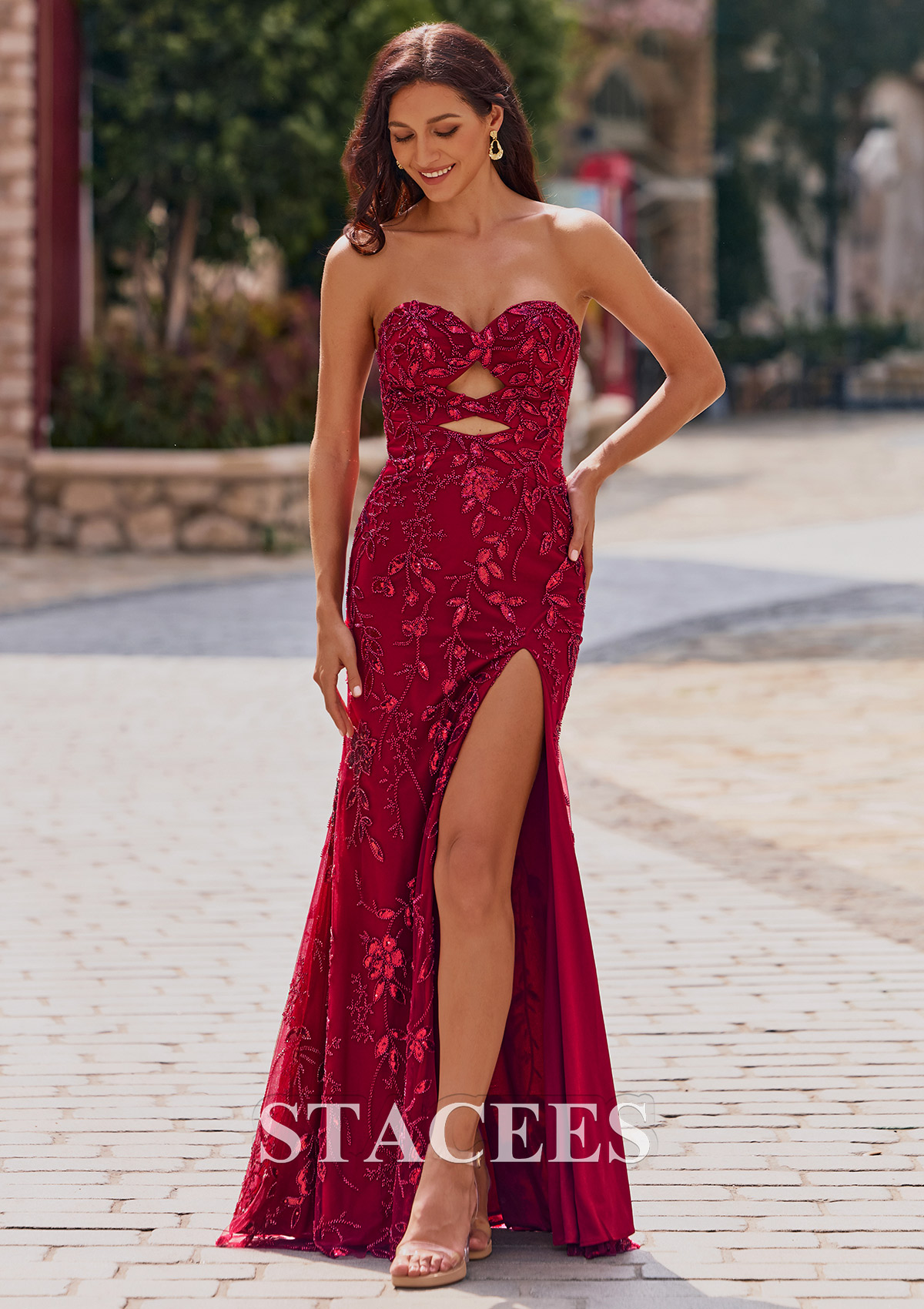 red and beige prom dress Burgundy V Neck Lace Long Prom Evening Dress with High Slit Burgundy / 14