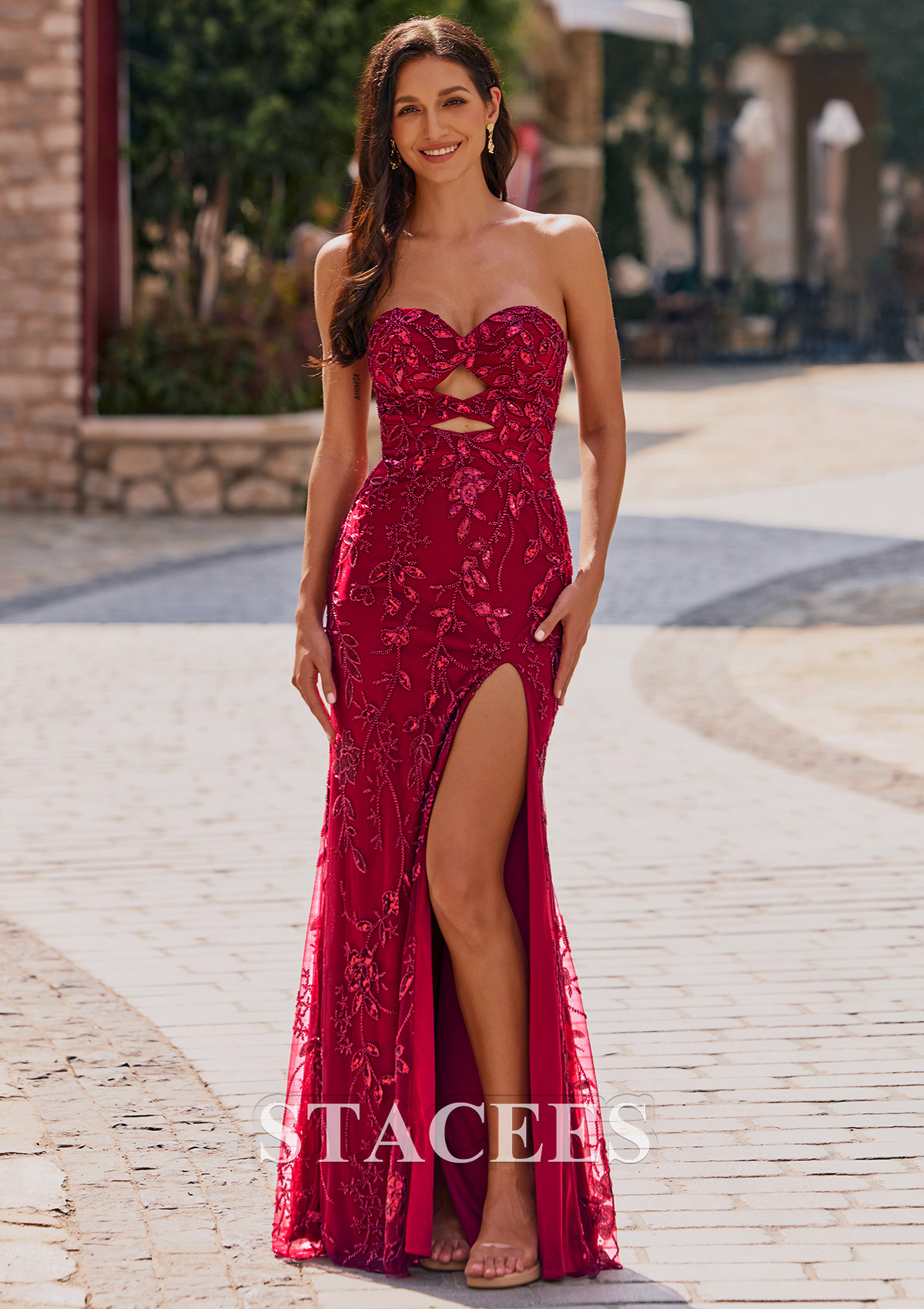 cut out dress formal Glitter Red Mermaid Spaghetti Straps Cut Out Prom Dress with Slit Burgundy / Custom Size